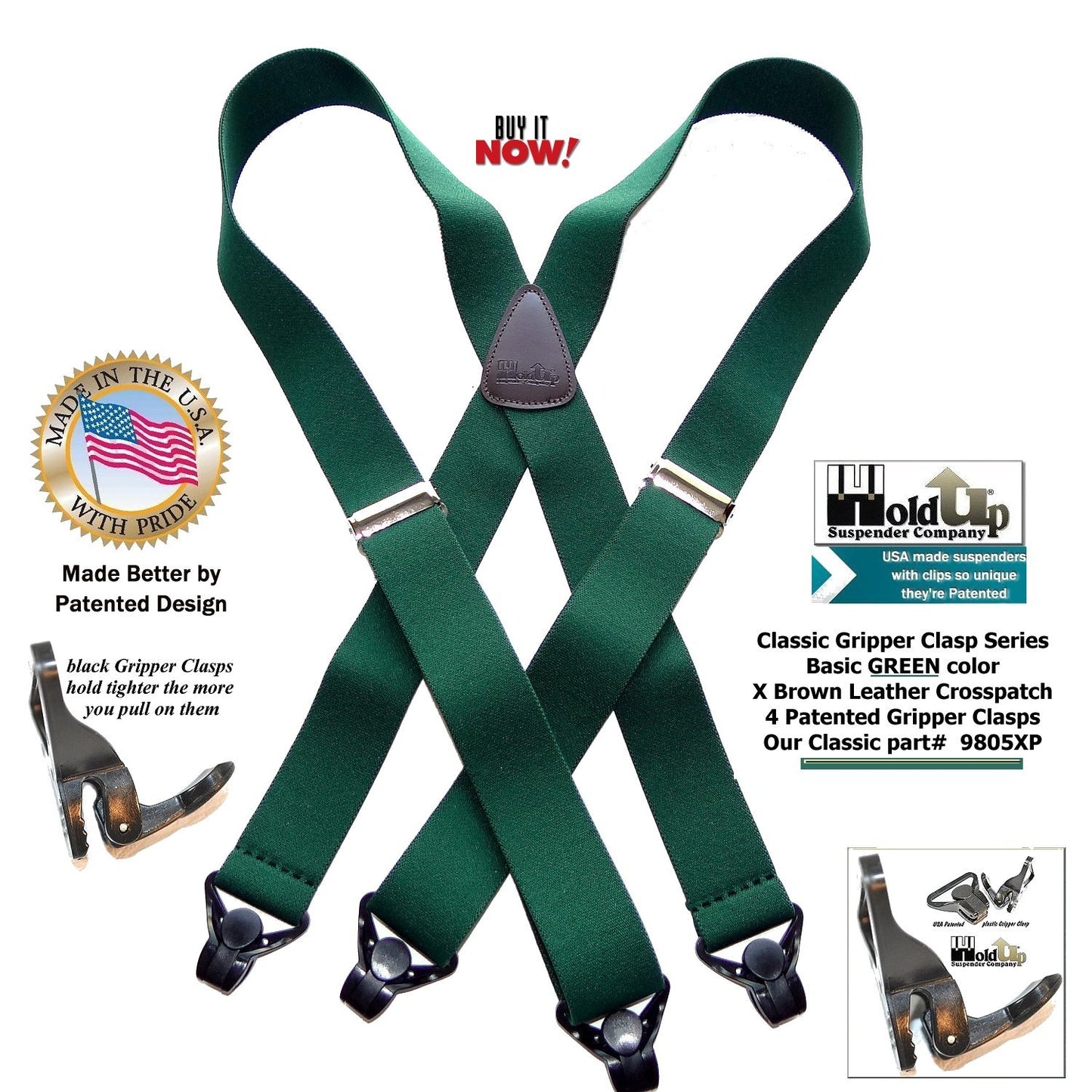HoldUp Brand Dark Green Xback Classic Series Holdup Gripper Clasps Suspenders