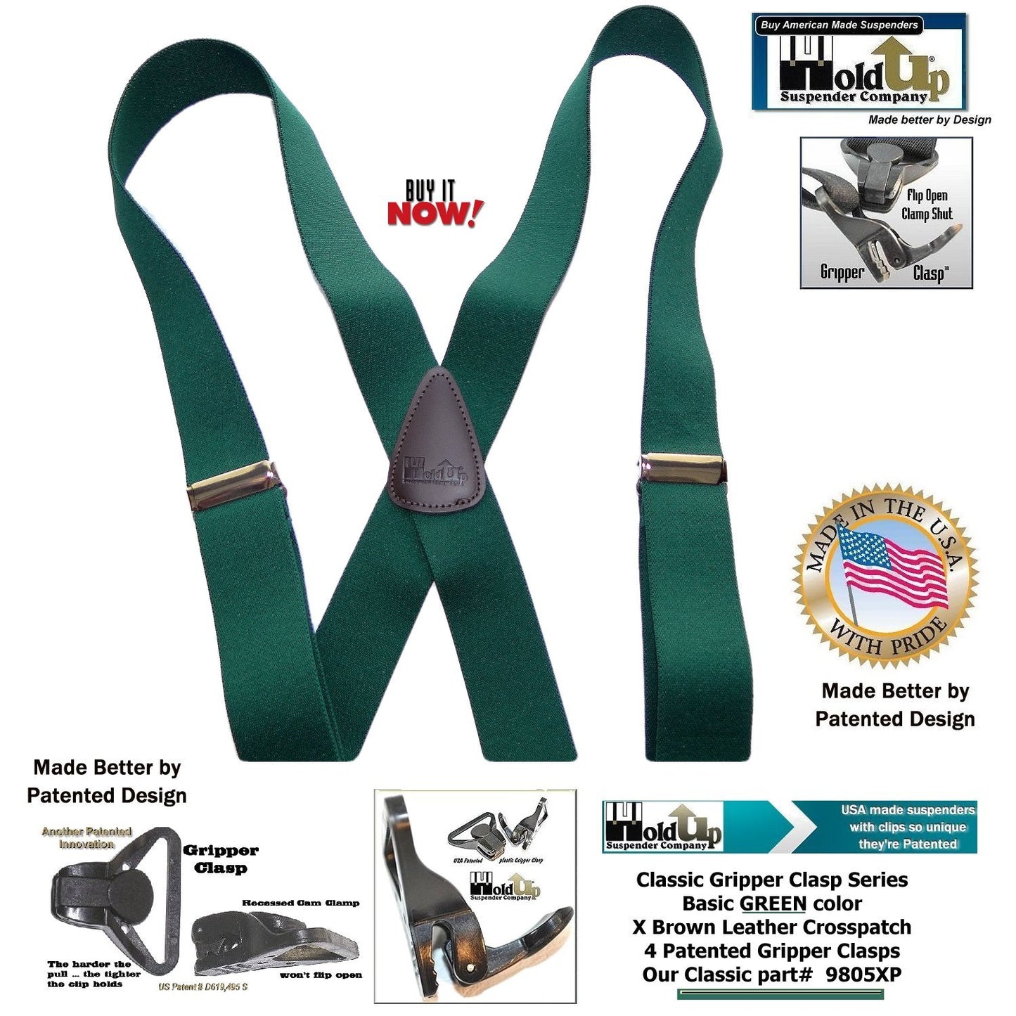 HoldUp Brand Dark Green Xback Classic Series Holdup Gripper Clasps Suspenders