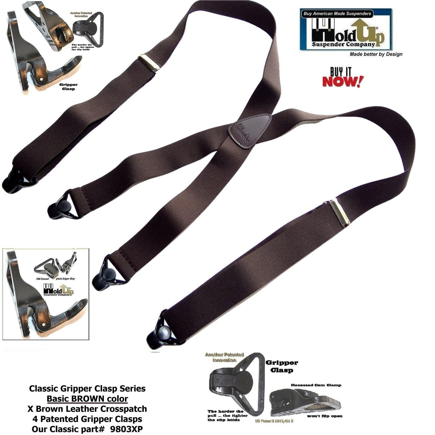HoldUp Brand Basic Brown X-back Classic Series Holdup Suspenders with gripper clasps