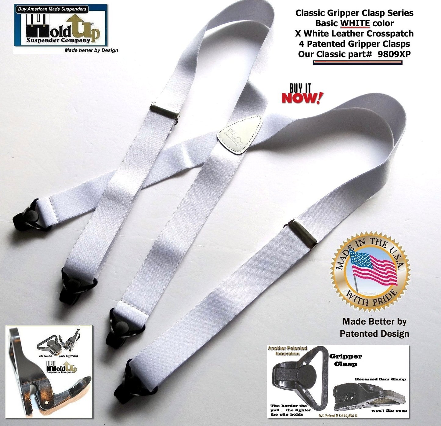 Holdup Brand Classic Series Basic White X-back Suspenders With Black Gripper Clasps