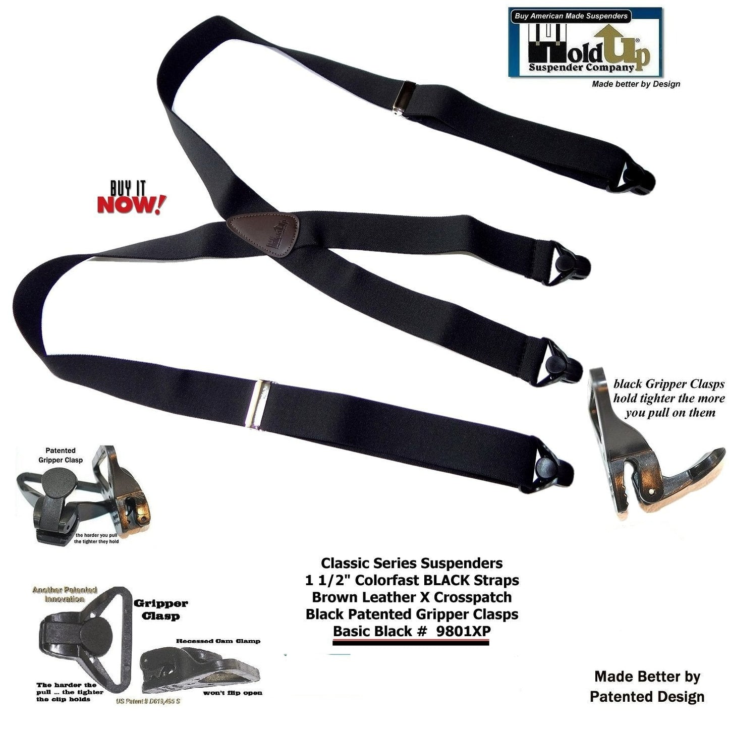 Holdup Brand Classic Series Basic Black X-back Suspenders With Black Gripper Clasps