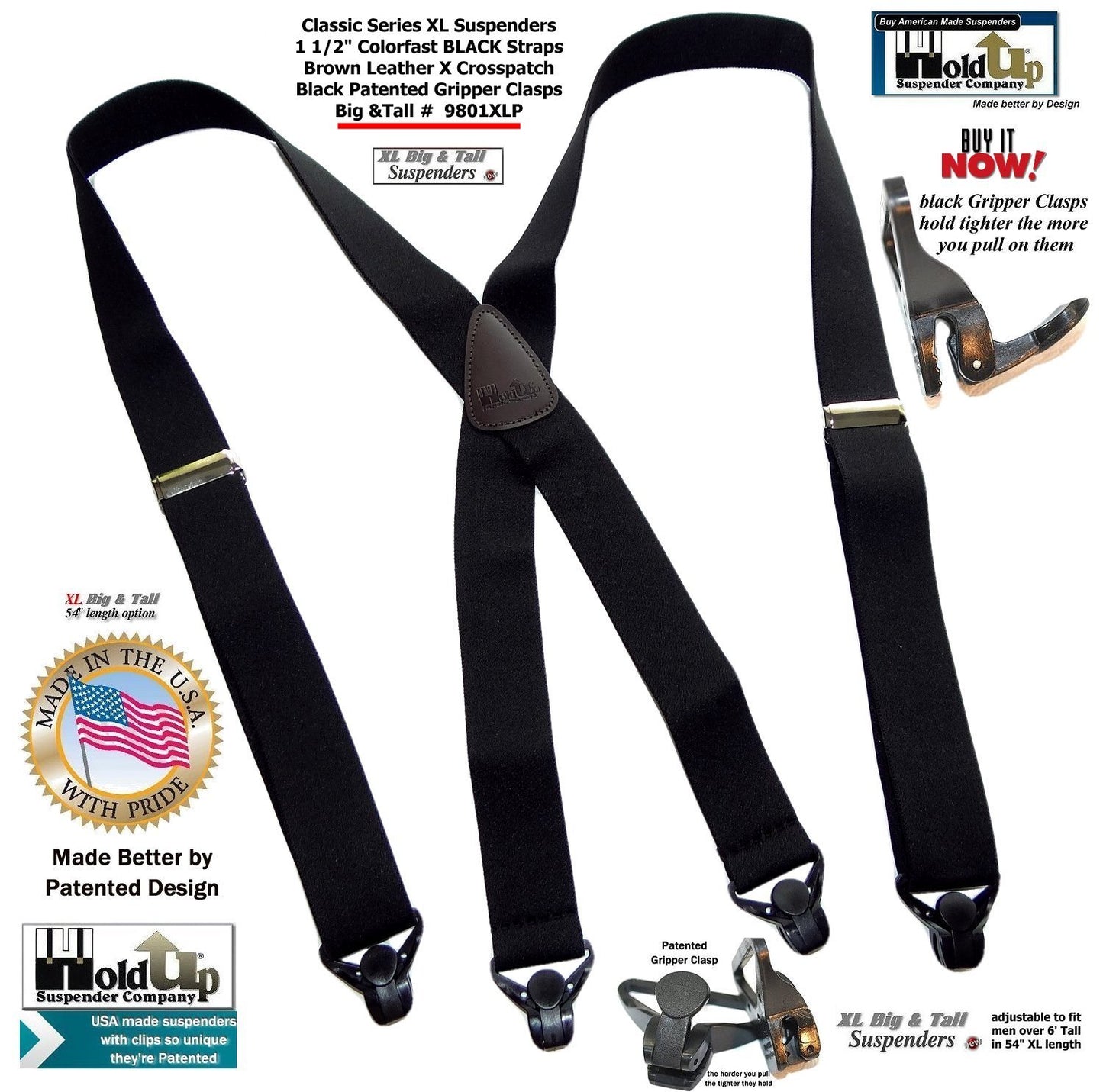 Holdup Brand XL Classic Series Basic Black X-back Suspenders with Patented black Gripper Clasps