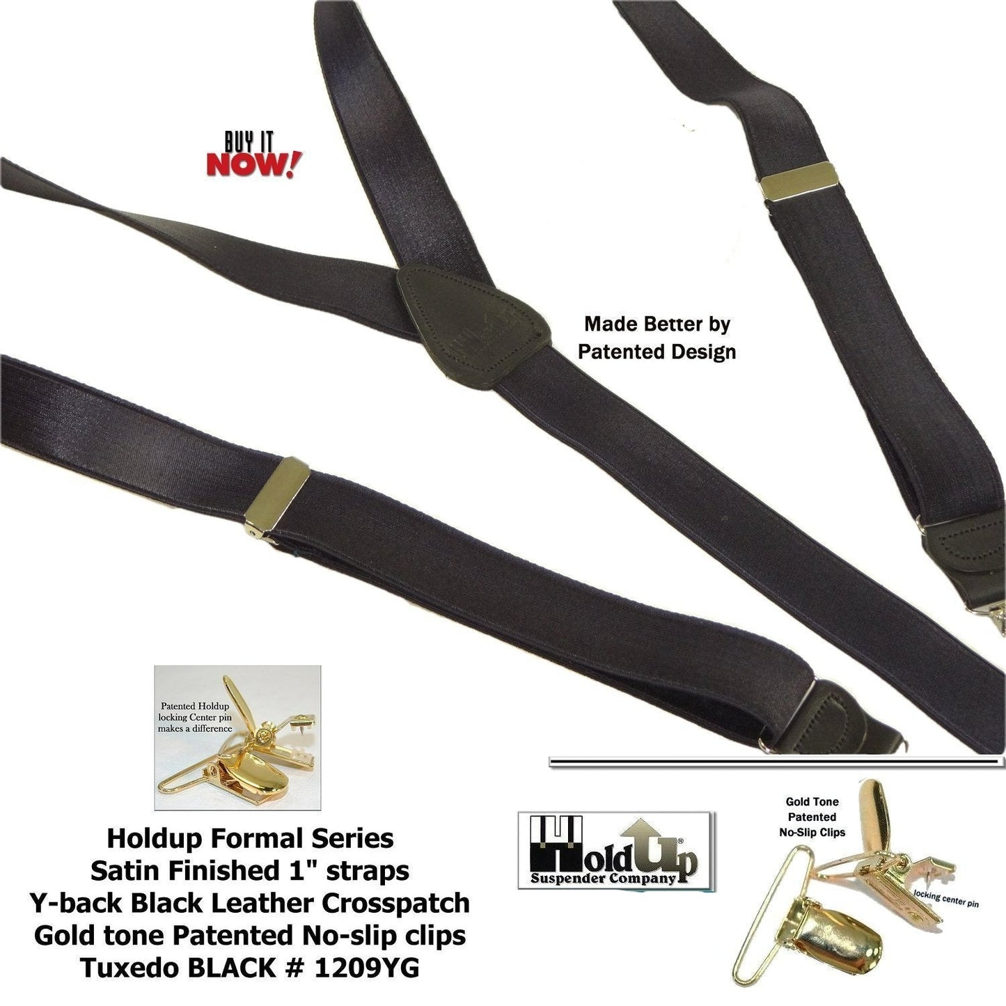 Holdup Brand Black Formal Series 1" Satin Finished Suspenders in Y-back with Gold No-slip Clips