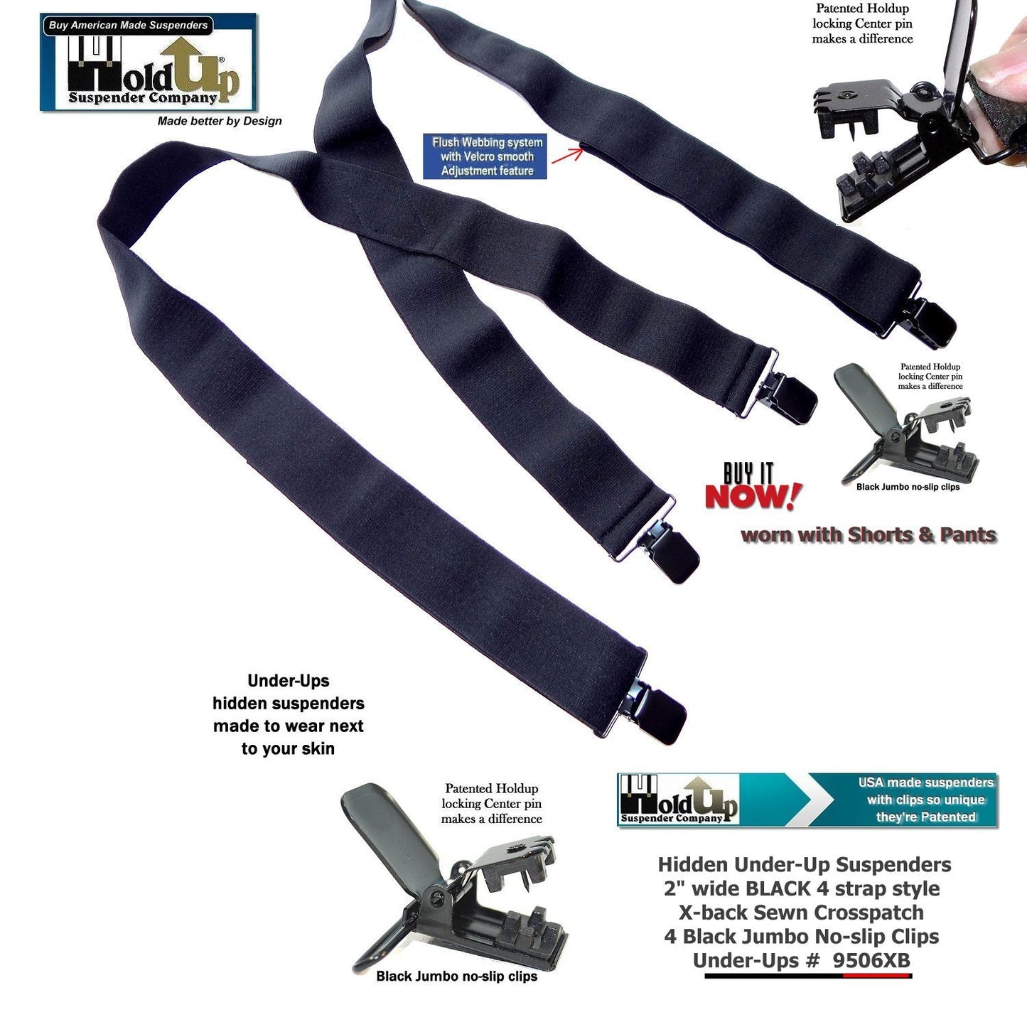 Holdup Wide All Black Undergarment Hidden X-back Suspenders with Patented Black Jumbo No-slip Clips