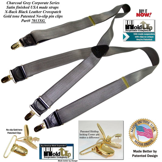 Hold Suspender Company's Dark Charcoal Gray Satin Finished Corporate Series  X-back Suspenders with Gold-tone  Clips