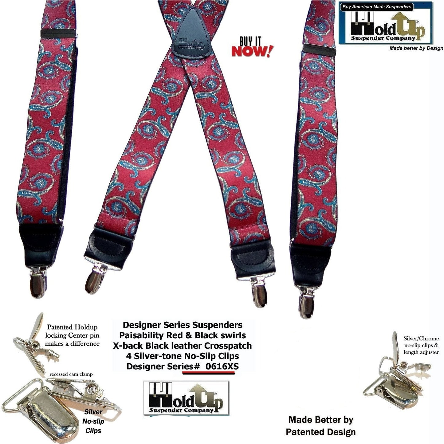 Hold-Ups Red Paisley Pattern Suspenders in X-back and USA Patented No-slip Silver Clips