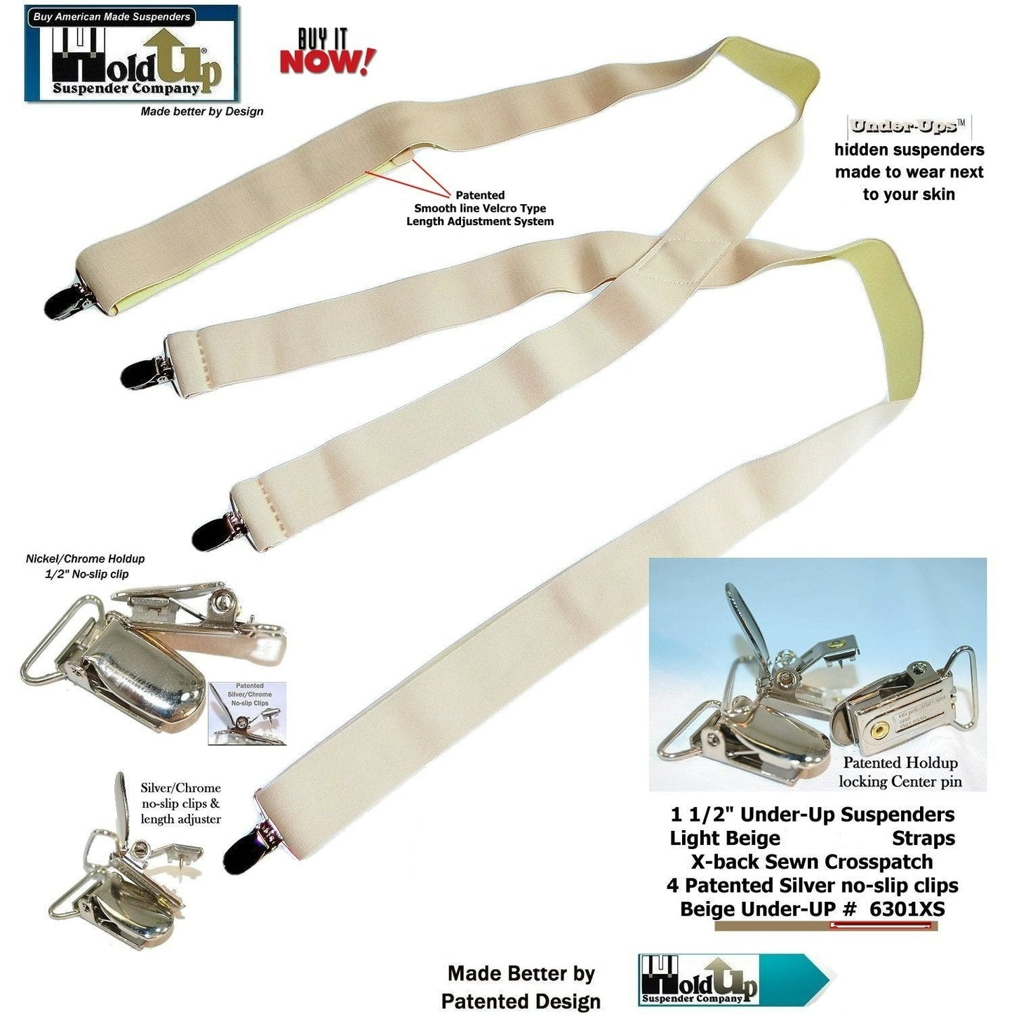 Hold-Ups 1 1/2" Wide Hidden Undergarment Suspenders In X-back Style With USA patented No-slip Silver Clips