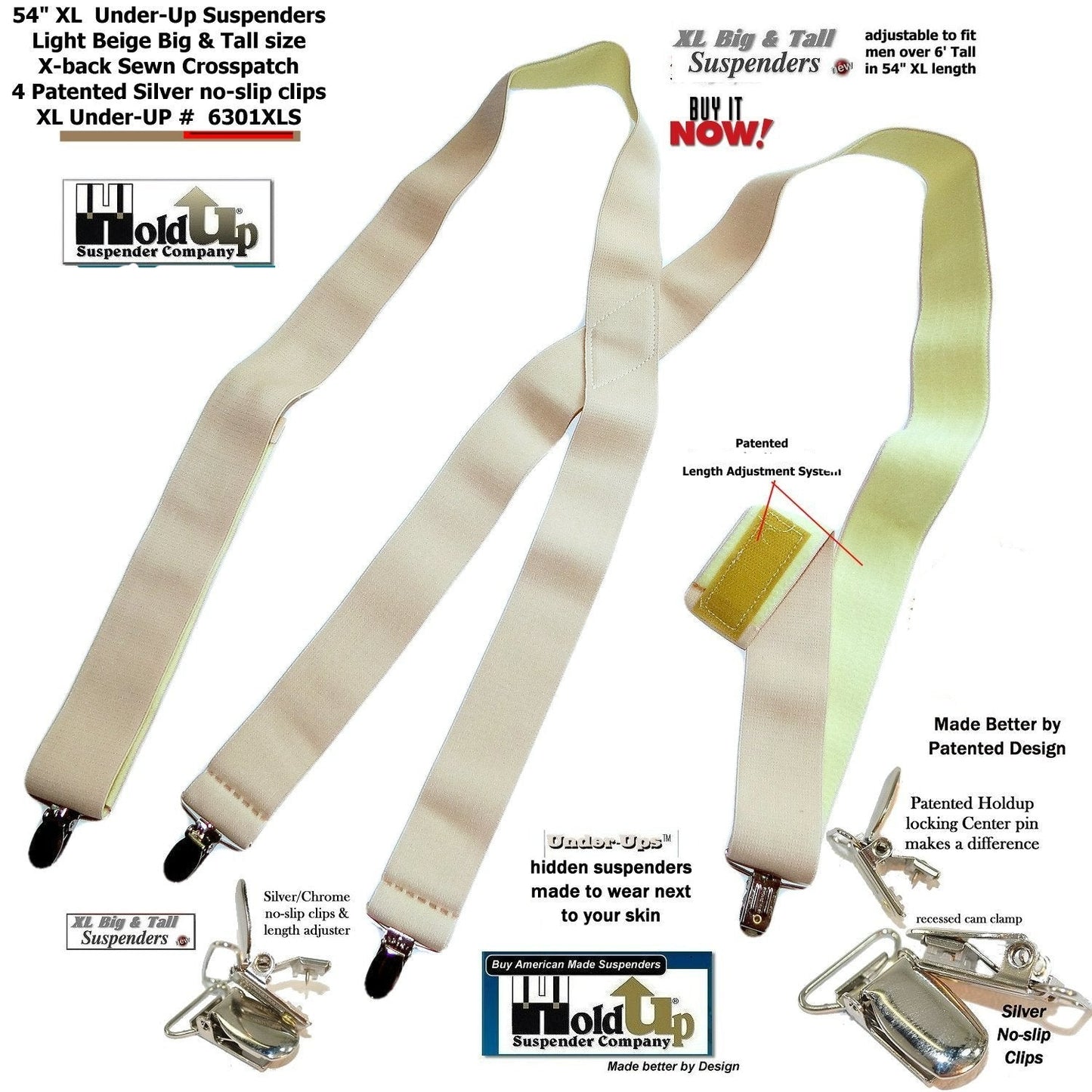 Beige Invisible Undergarment Suspenders 1 1/2" Wide XL in X-back Style w/ No-slip Metal Clips