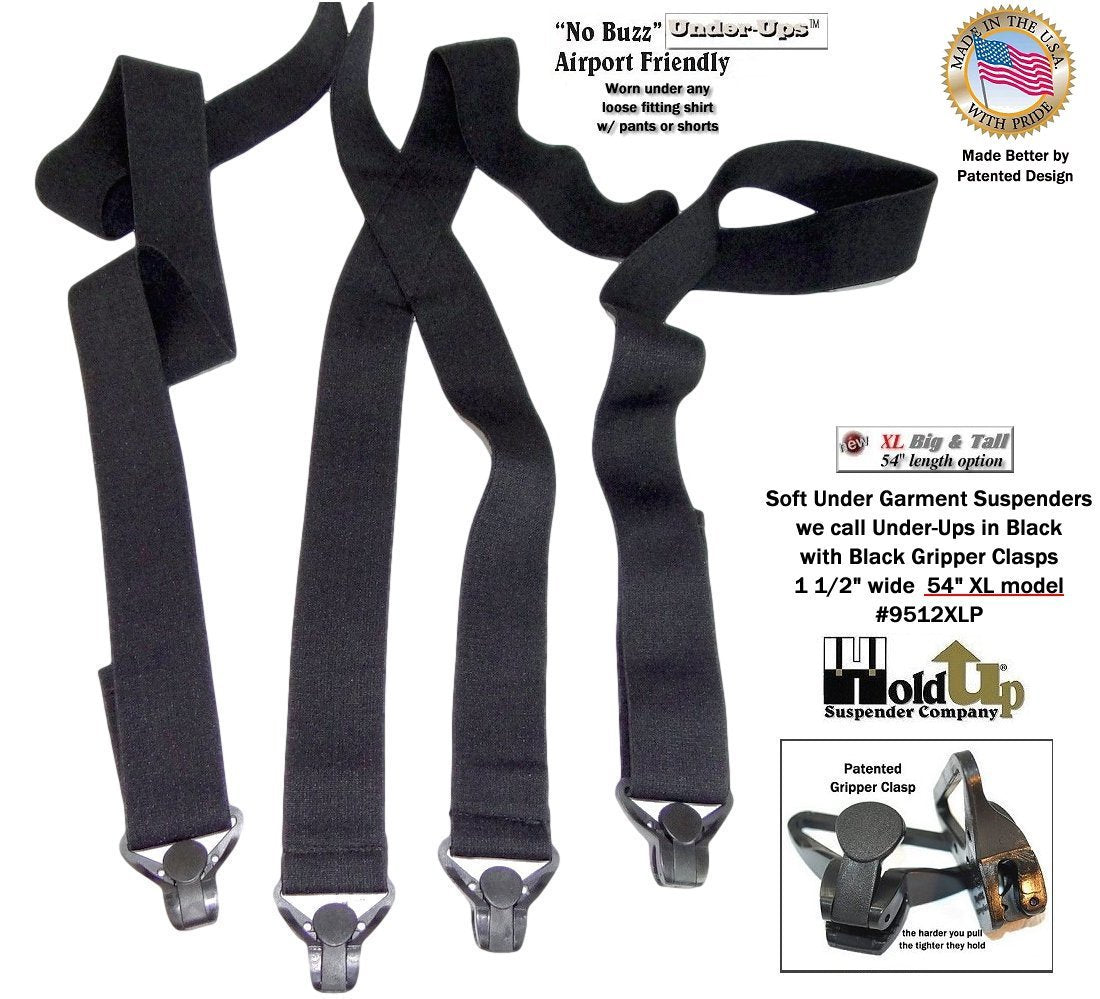 Hold-Ups 1 1/2" Wide All Black Hidden Undergarment Suspenders in XL Length with Black Gripper Clasps