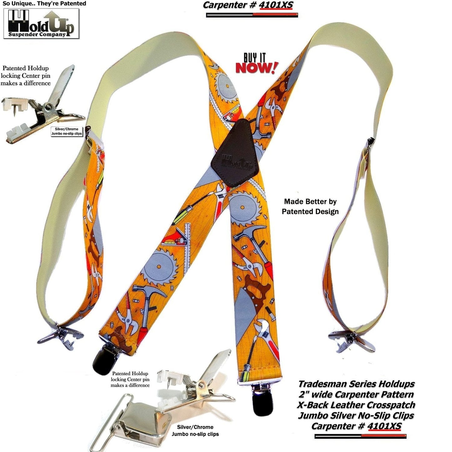 Holdup Tradesman Series Work Suspenders In Carpenter Pattern With USA Patented Jumbo No-slip Clips