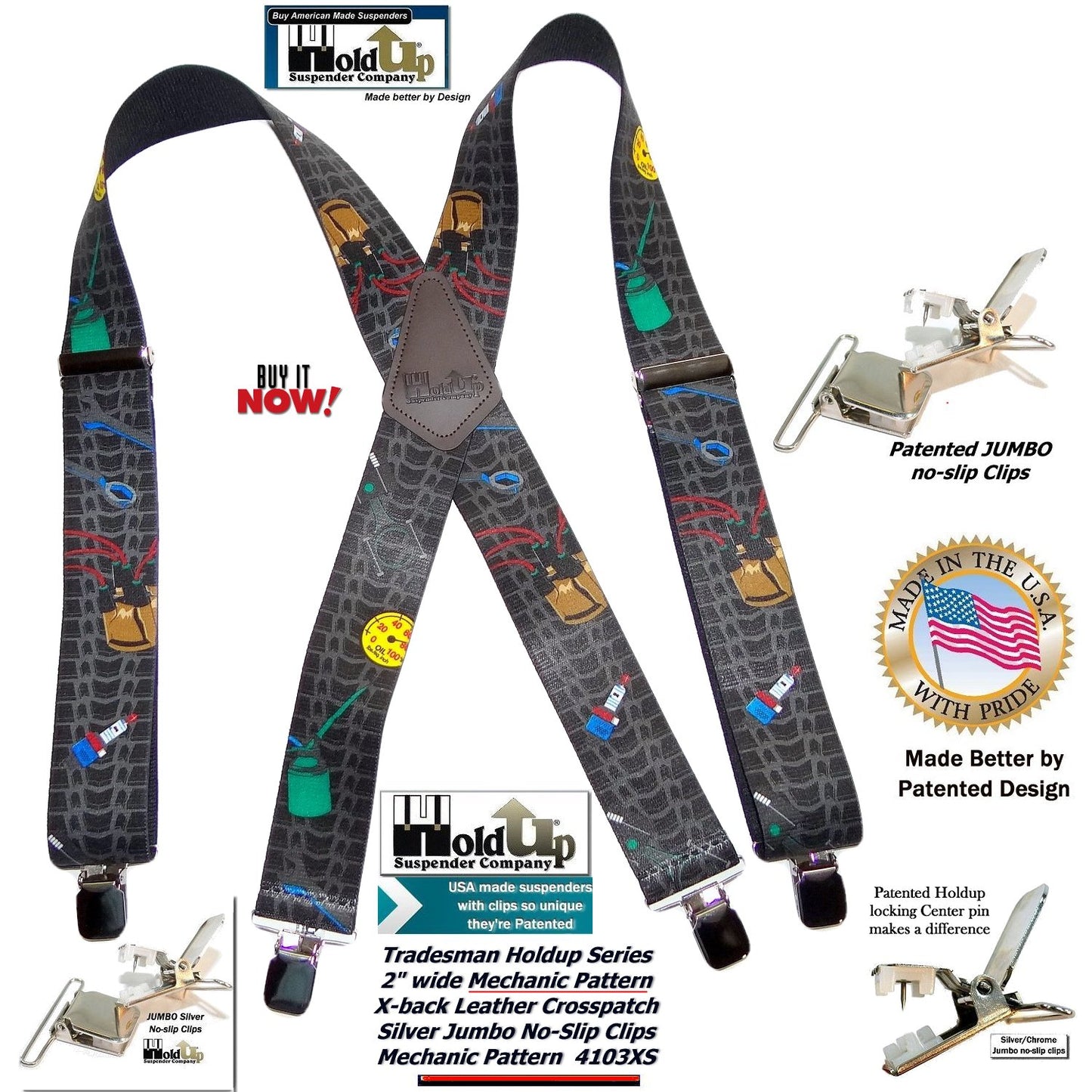 Hold-Ups Tradesman Series 2" Wide in Mechanic Pattern Suspenders with Patented No-slip Silver Clips