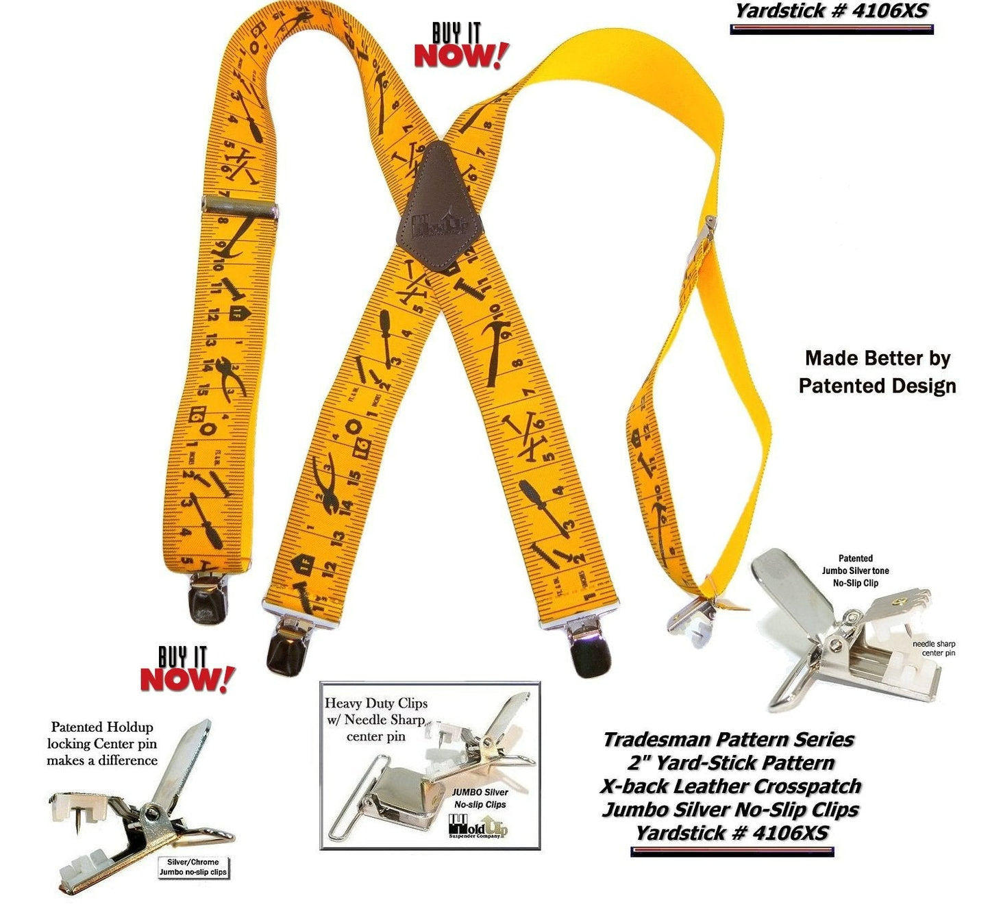 Hold-Ups Tradesman Series 2" Wide Suspenders in Yardstick Pattern with USA Patented No-slip Silver Clips