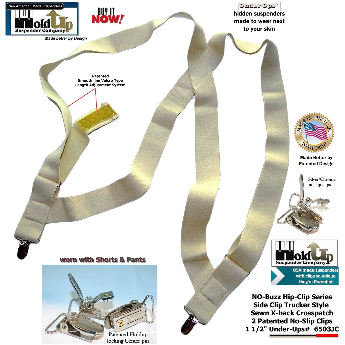HoldUps Brands 1 1/2" Wide Under-Up Series Light Beige Suspender Hip Clip Style With Patented No-slip Clips