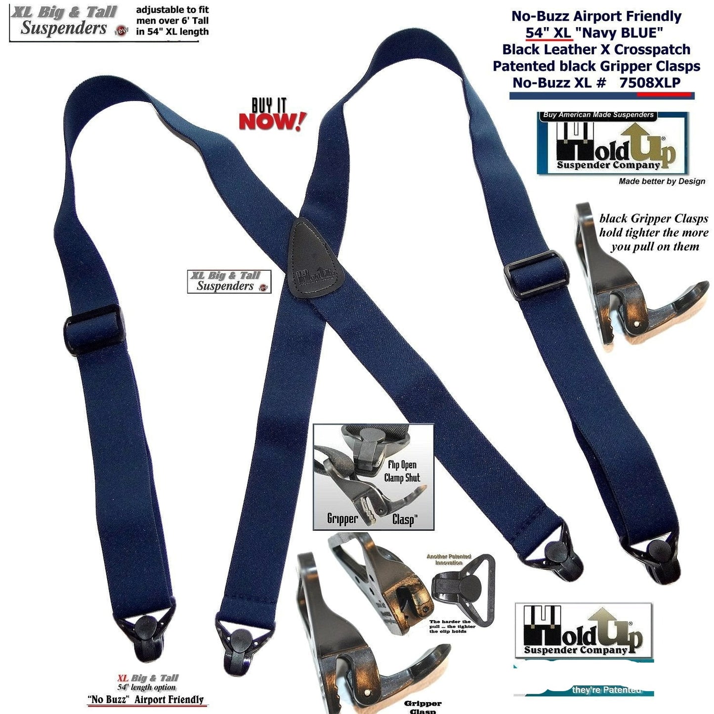 Holdup Brand No-buzz XL Airport Friendly Dark Blue X-back Suspenders with Patented Gripper Clasps
