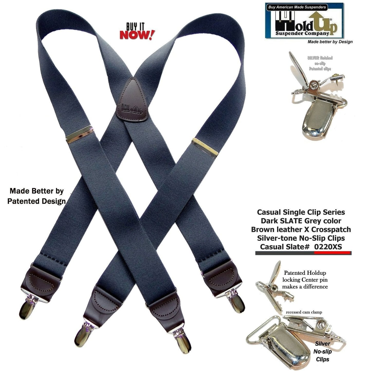 Slate Gray Hold-Ups  Casual Series Suspenders 1 1/2" wide in X-back with USA Patented No-slip Silver Clips