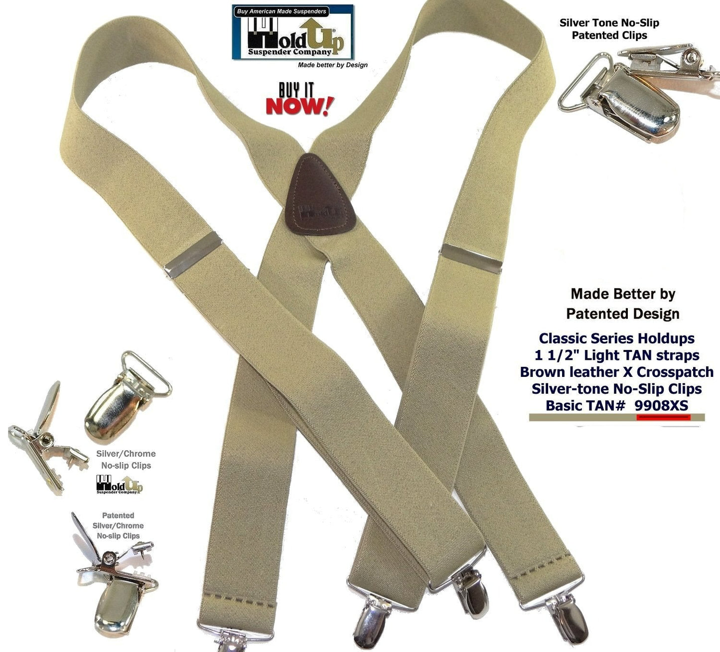 Classic Series Hold-up brand  light Tan clip-on X-back basic Suspenders with USA Patented Silver no-slip clips