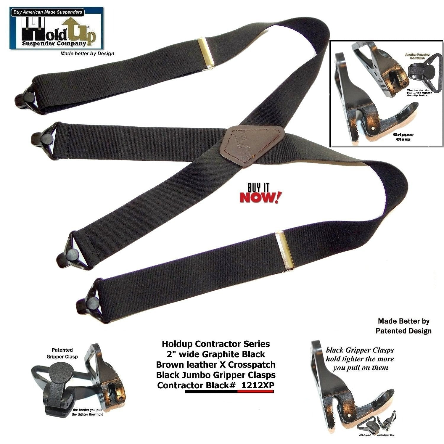 Holdup Suspenders in Wide heavy duty Graphite Black color in X-back Style  with Patented No-slip Jumbo Silver Clips