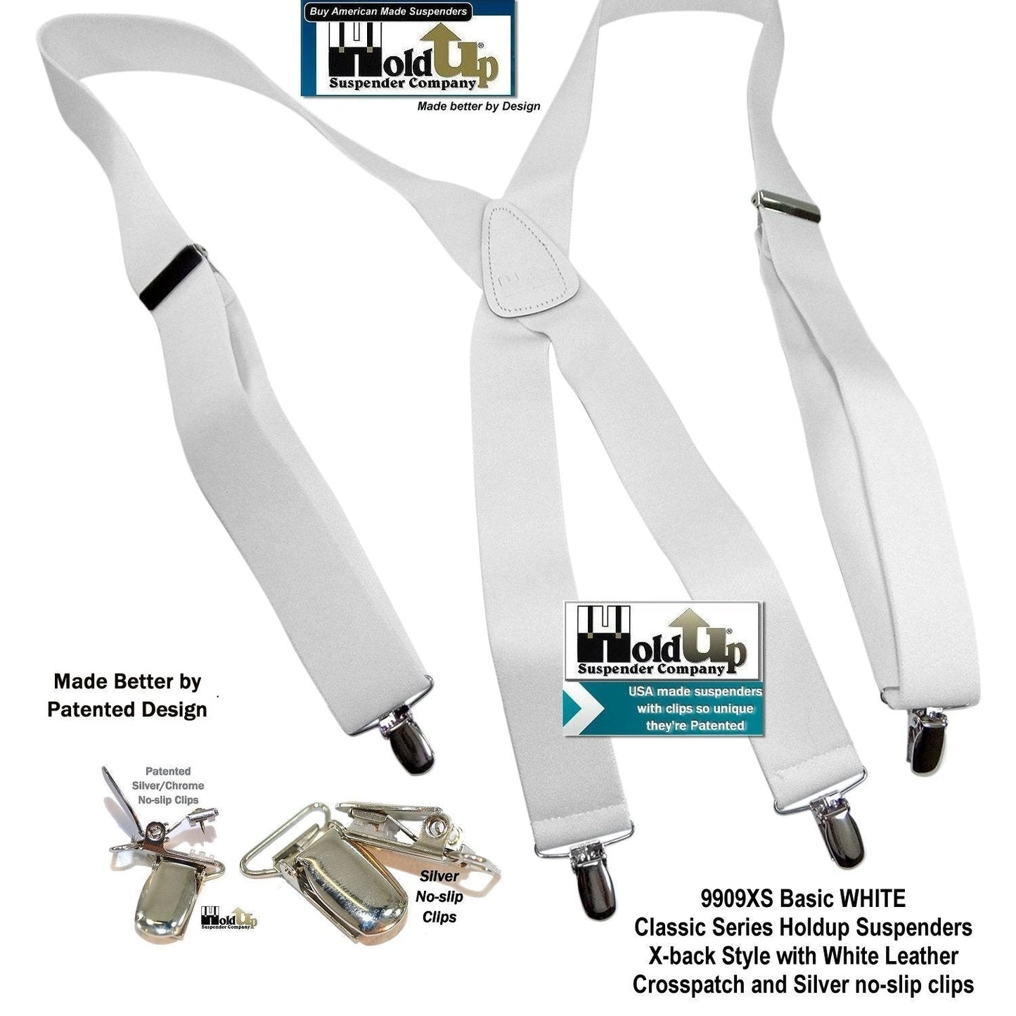 Holdup Suspender Company Classic Series All White X-back clip-on Suspenders with Patented Silver No-slip