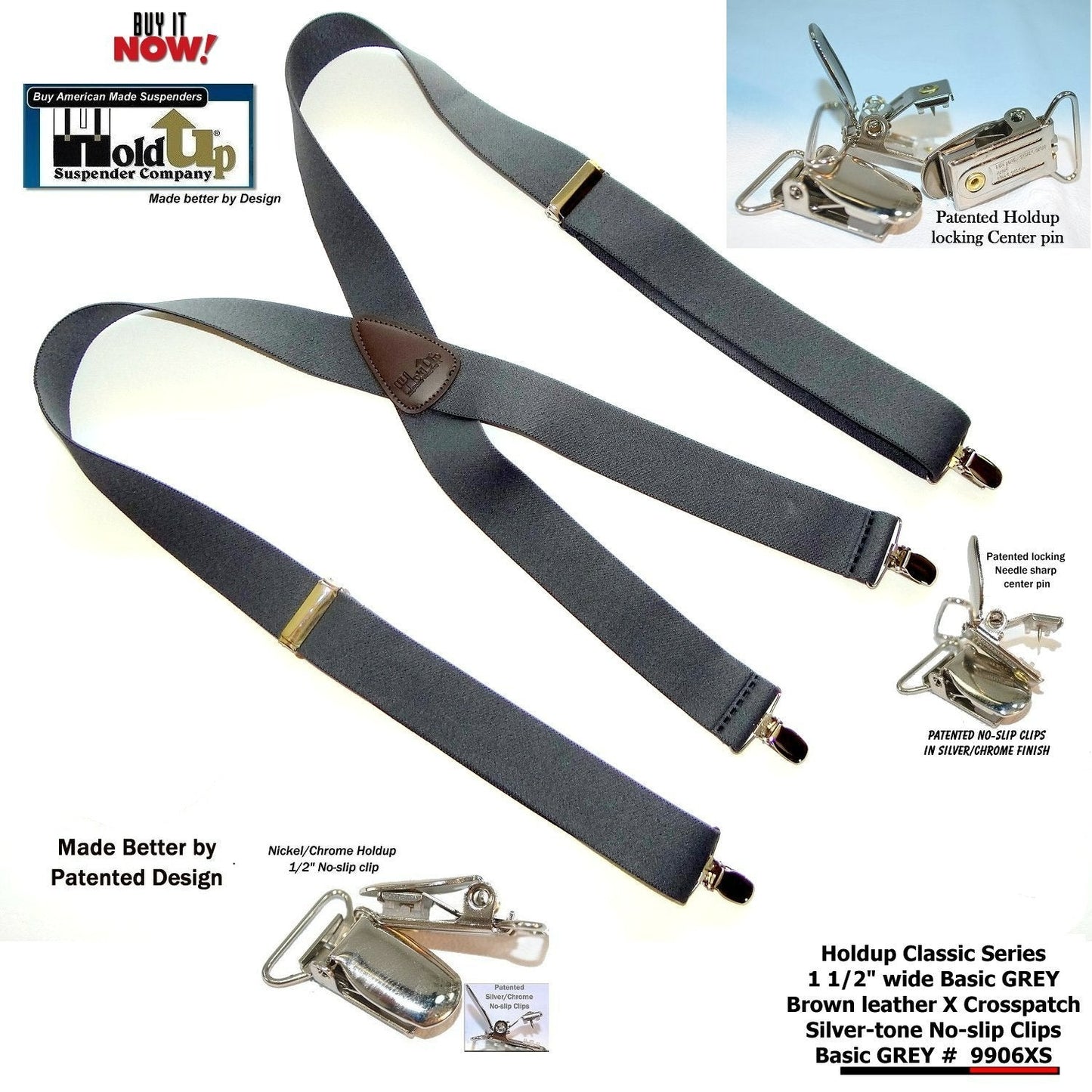HoldUp Brand Classic Series Grey X-back Suspenders with USA Patented Silver No-slip Clips