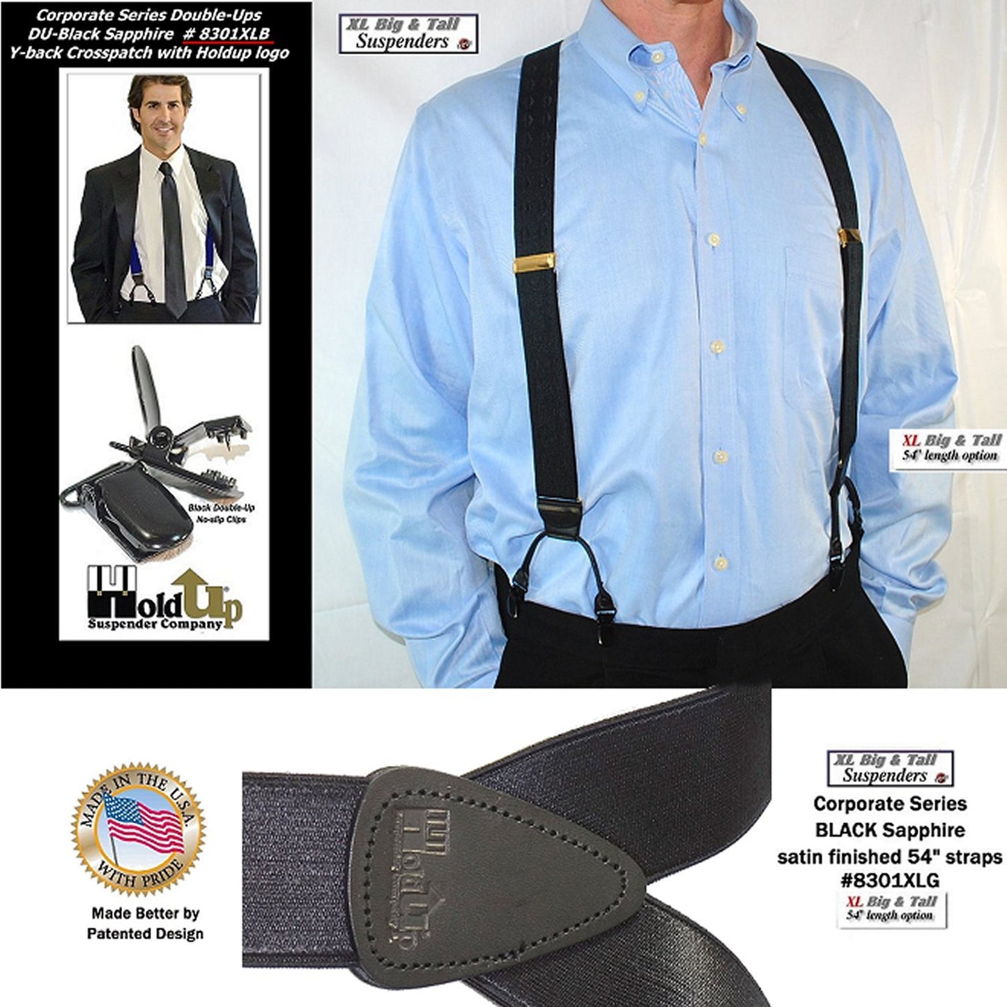 Holdup XL Corporate Series Black Sapphire Dual Clip Double-Ups style Suspenders with patented No-slip black Clips