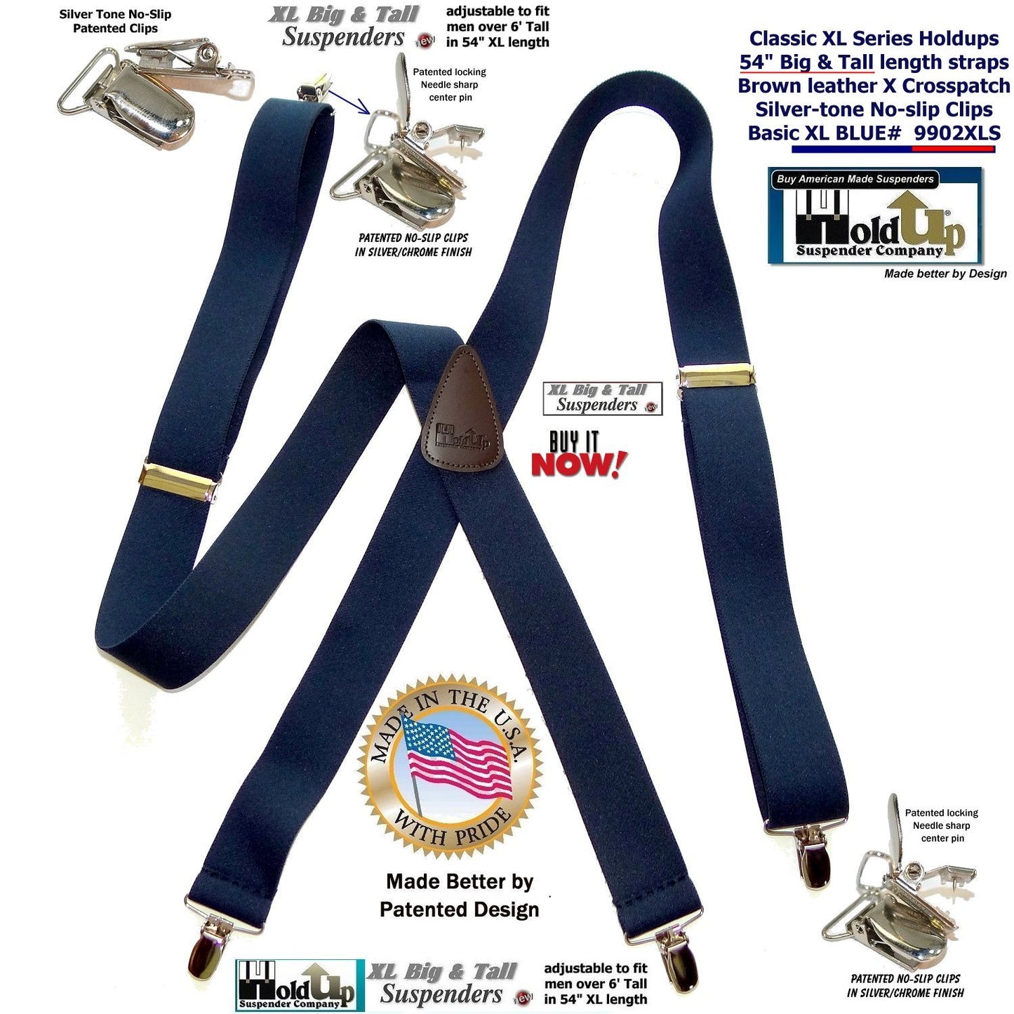 Hold Suspender Company Classic Dark Blue XL Suspenders in X-back Style with Patented silver no-slip clips