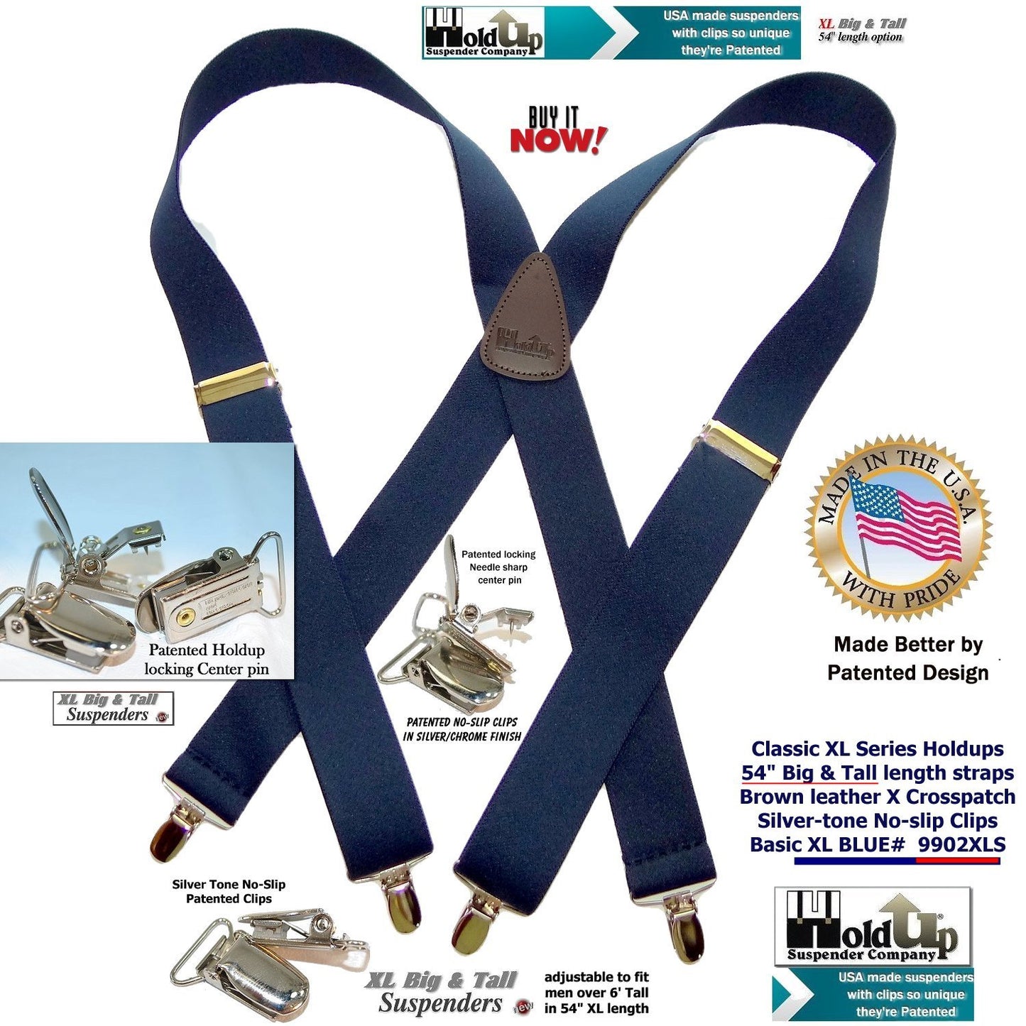 Hold Suspender Company Classic Dark Blue XL Suspenders in X-back Style with Patented silver no-slip clips