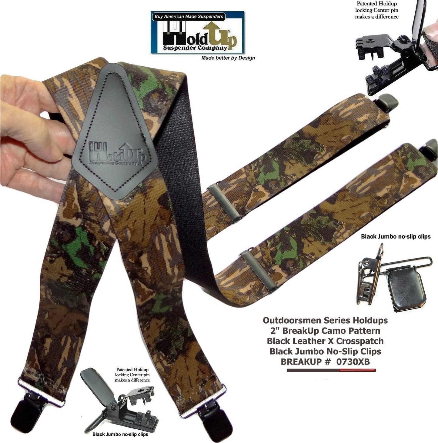 Hold-Up Trademarked Breakup Camo Pattern 2" Wide Suspenders X-Back USA Patented black No-slip Clips