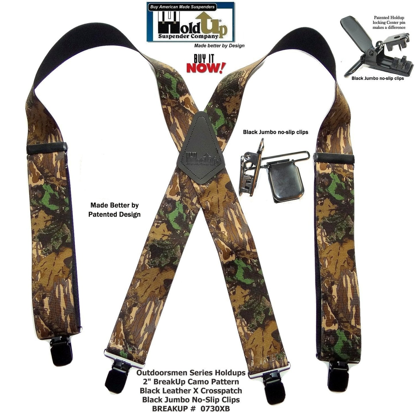 Hold-Up Trademarked Breakup Camo Pattern 2" Wide Suspenders X-Back USA Patented black No-slip Clips