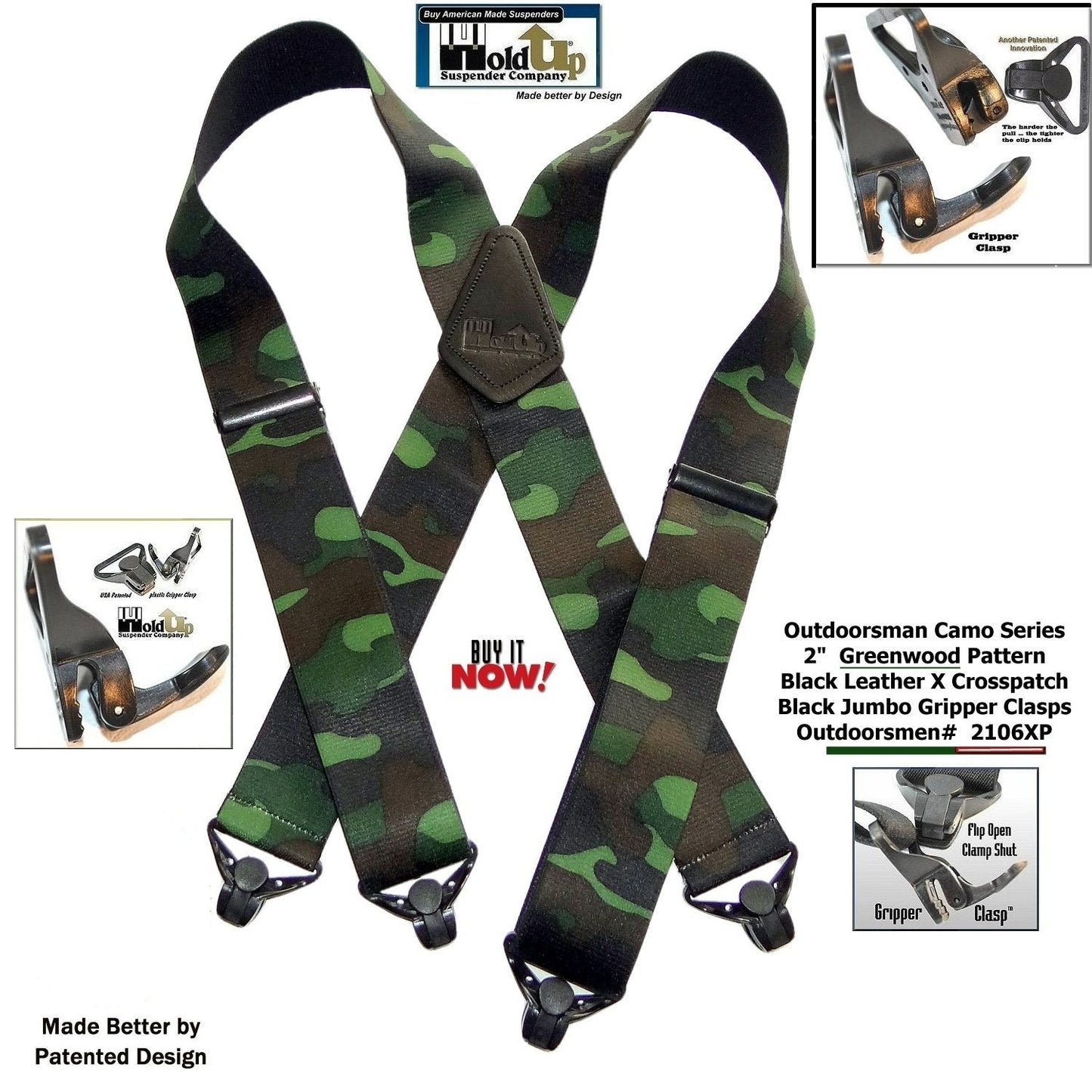 Hold-Up Brand Woodland Camouflage Pattern Wide Hold-Up Suspenders w/ USA Patented Plastic Gripper Clasp