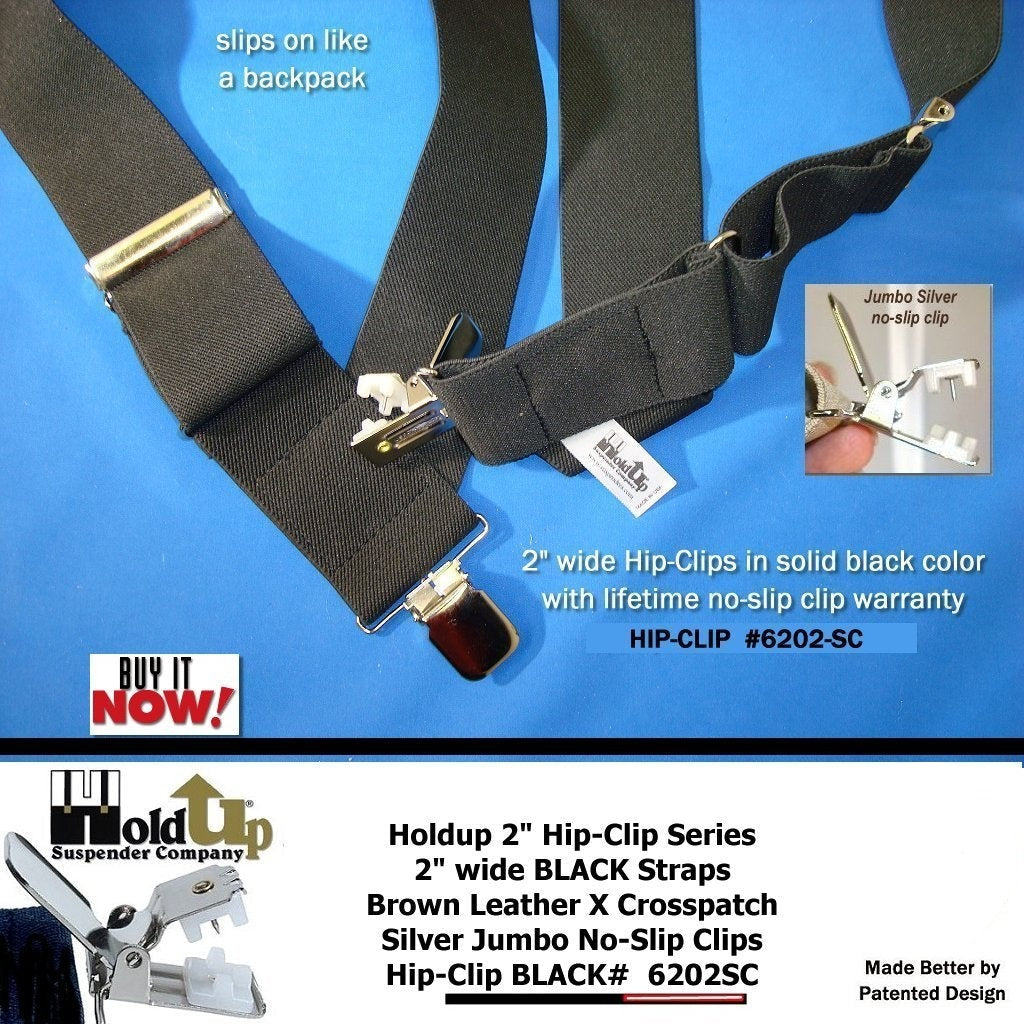 Black Heavy Duty Trucker Style 2 Wide Hip-Clip Suspenders with USA  Patented silver tone no-slip jumbo clips