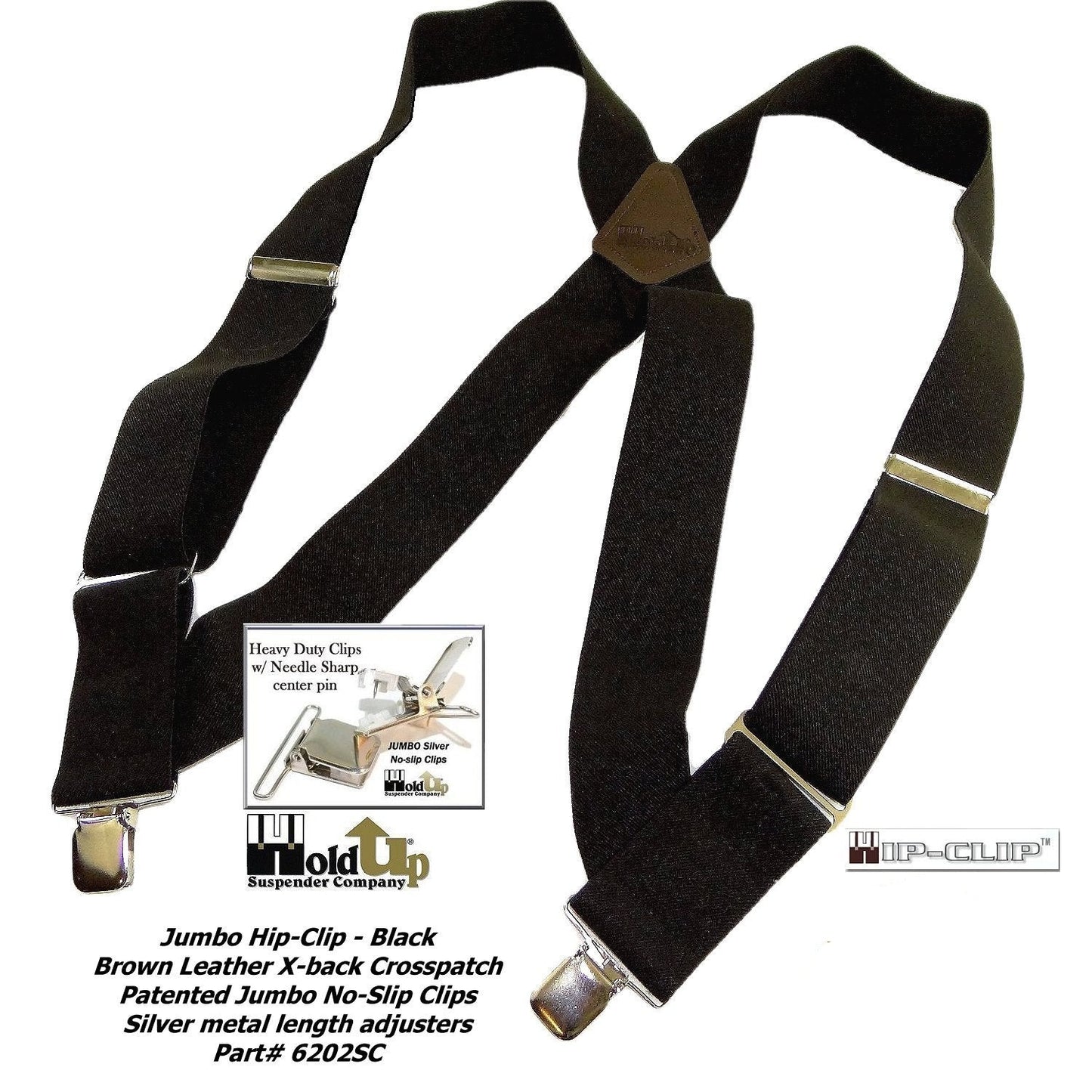 Black Heavy Duty Trucker Style 2" Wide Hip-Clip Suspenders with USA Patented silver tone no-slip jumbo clips
