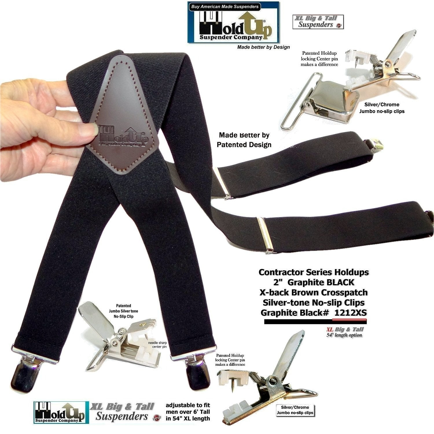Wide XL Big and Tall Graphite Black Work Silver Tone Suspenders –  Holdup-Suspender-Company