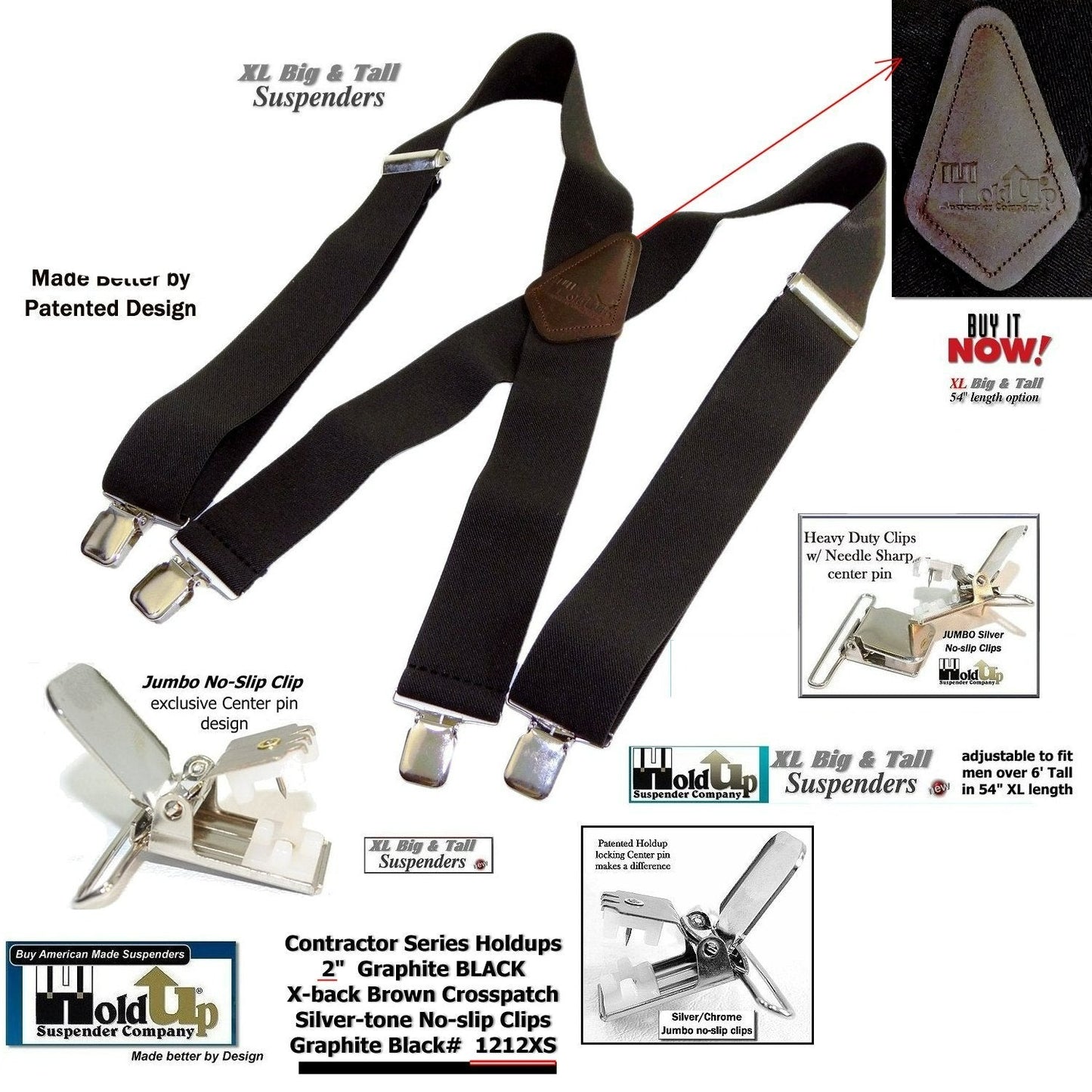 Wide XL Big and Tall Graphite Black Work Suspenders with Patented Silver tone Jumbo No-slip Clips