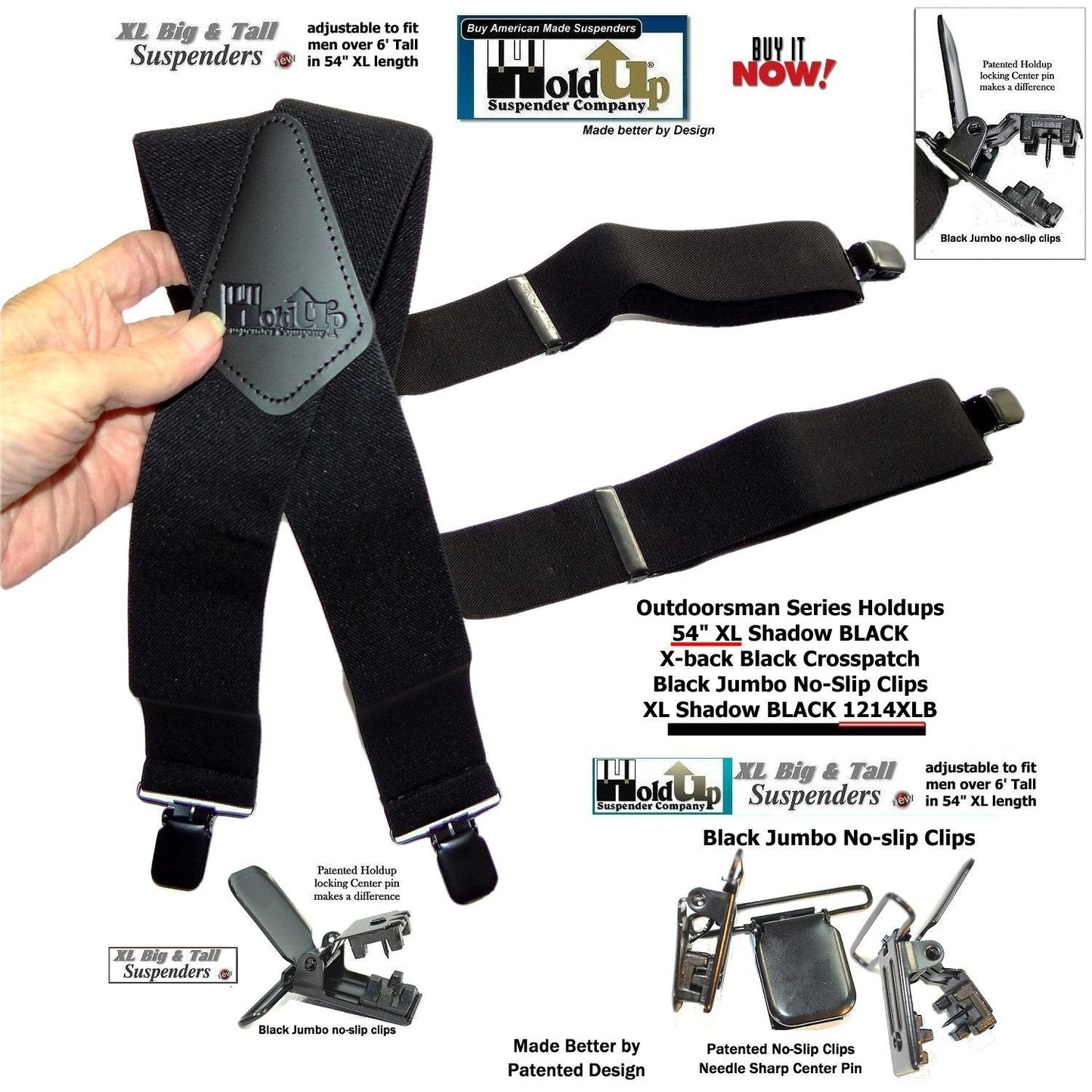Hold-Ups Outdoorsman Series Shadow Black in longer XL length in a 2 inch wide Work Suspenders with Jumbo Black no-slip clips