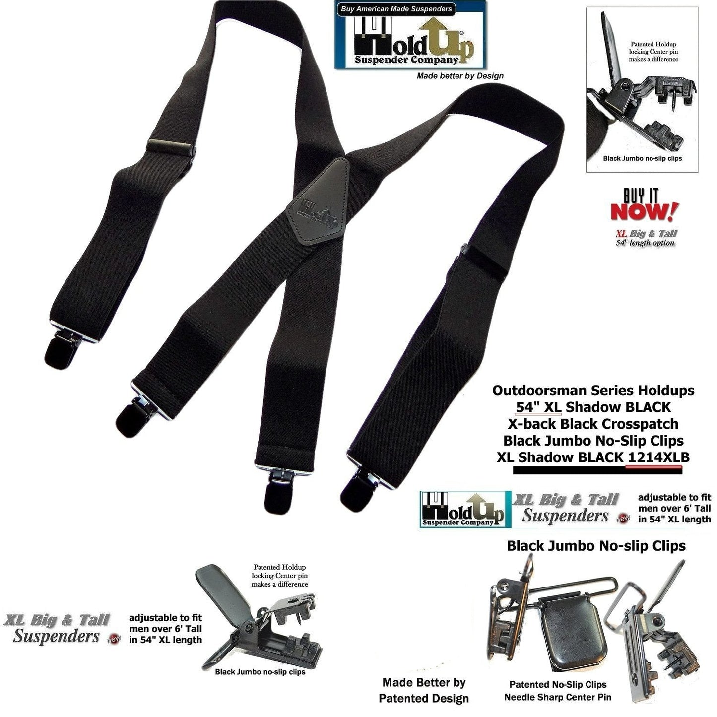 Hold-Ups Outdoorsman Series Shadow Black in longer XL length in a 2 inch wide Work Suspenders with Jumbo Black no-slip clips
