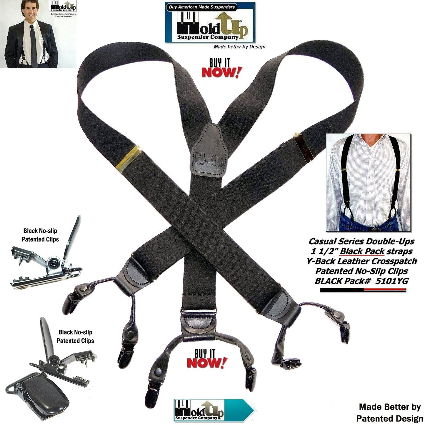HoldUp Suspender Company's Black Pack Double-Up Style Dressy All black Y-back Suspenders With Patented No-slip clips