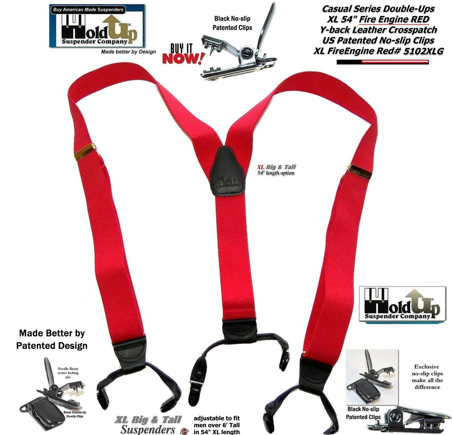 Hold-Ups Extra Long XL Fire Engine Red Dual Clip Double-ups Style Suspenders