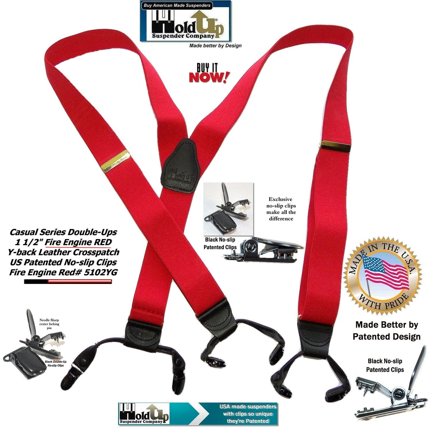Holdup Brand Bright Fire Engine Red Dual Clip Pant Y-back Suspenders With Patented No-Slip Black Clips