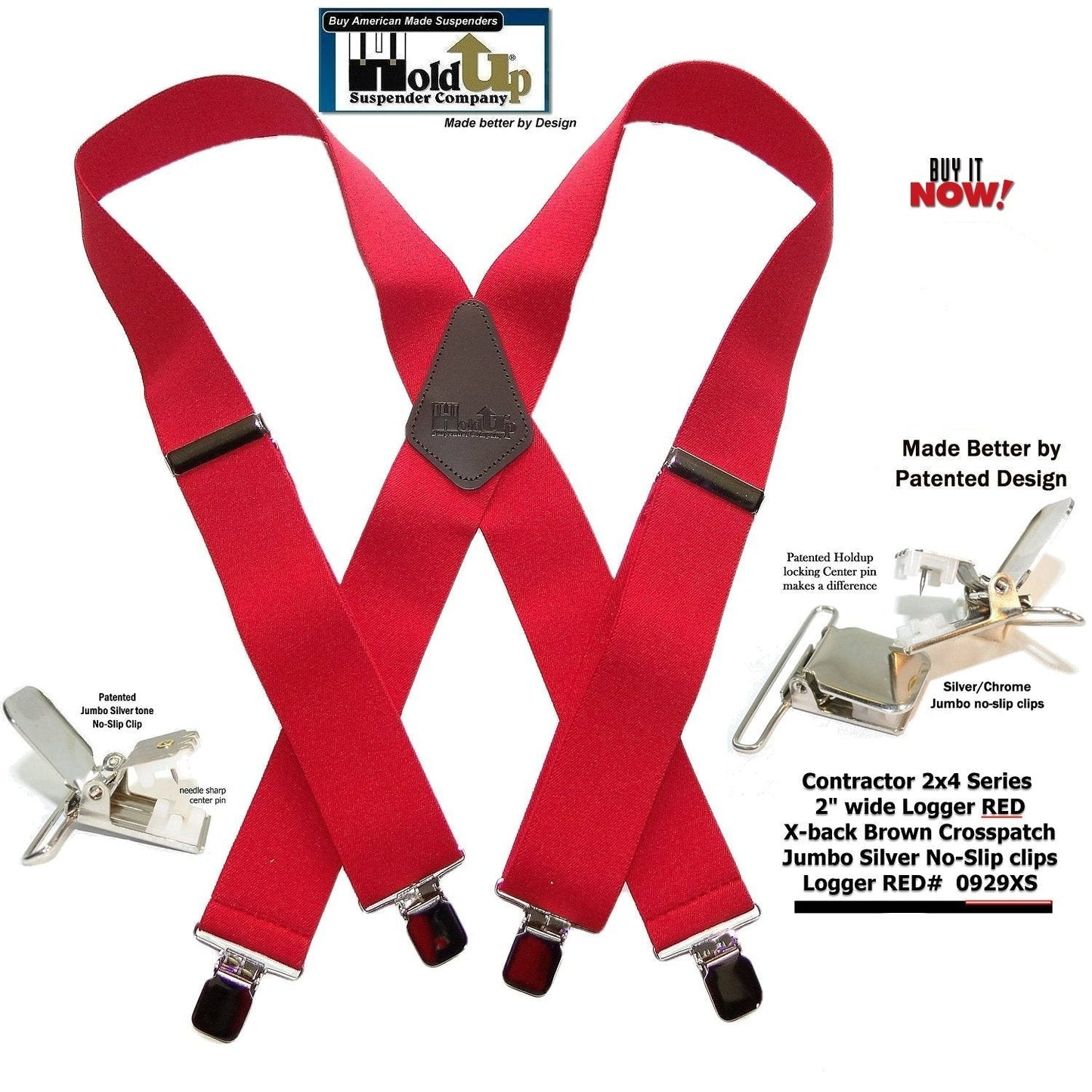 Heavy Duty Logger RED 2" Wide Holdup X-back Suspenders with USA Patented Jumbo Silver-tone No-Slip Clips