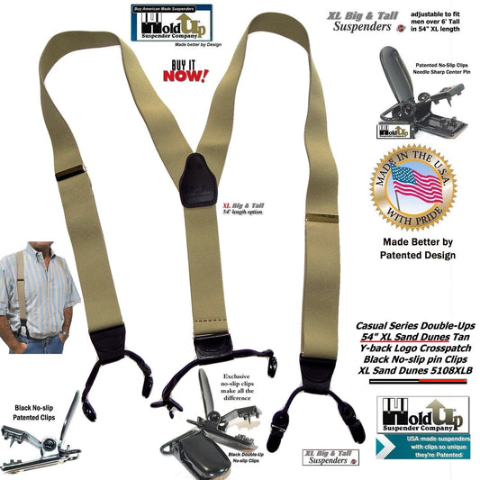 Sand Dunes Tan XL 54" Big & Tall Holdup Double-Up Style Suspenders with dual Patented black no-slip clips