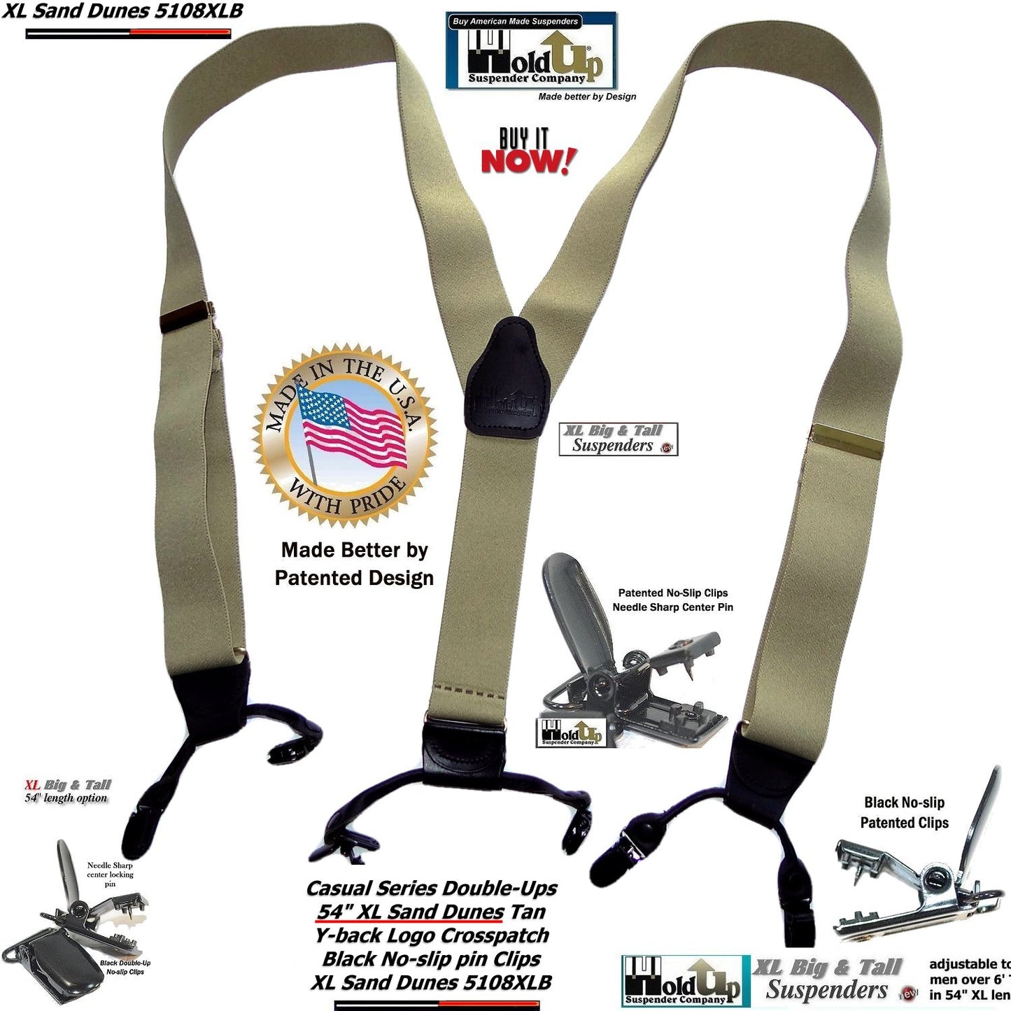 Sand Dunes Tan XL 54" Big & Tall Holdup Double-Up Style Suspenders with dual Patented black no-slip clips