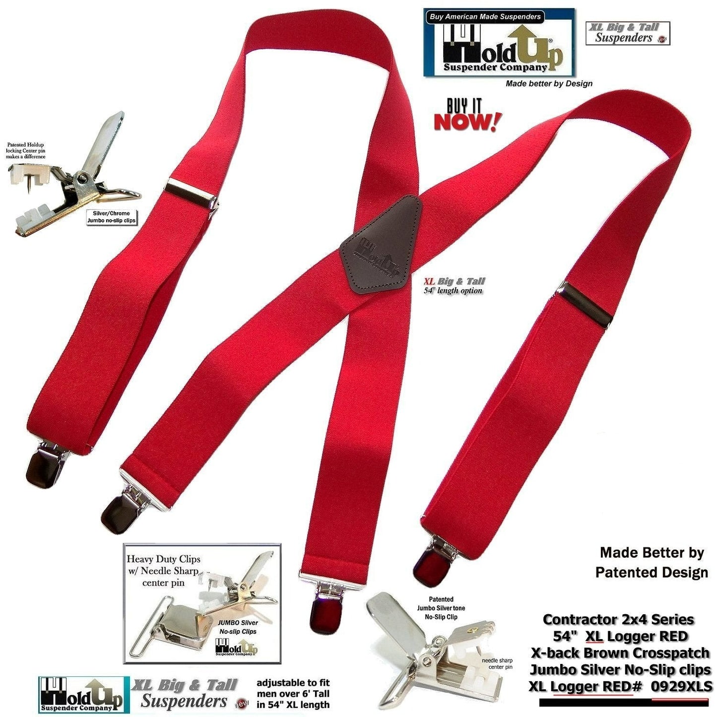 Hold-Ups XL Logger Red Suspenders 2" wide X-back with Patented No-slip Nickel metal clips