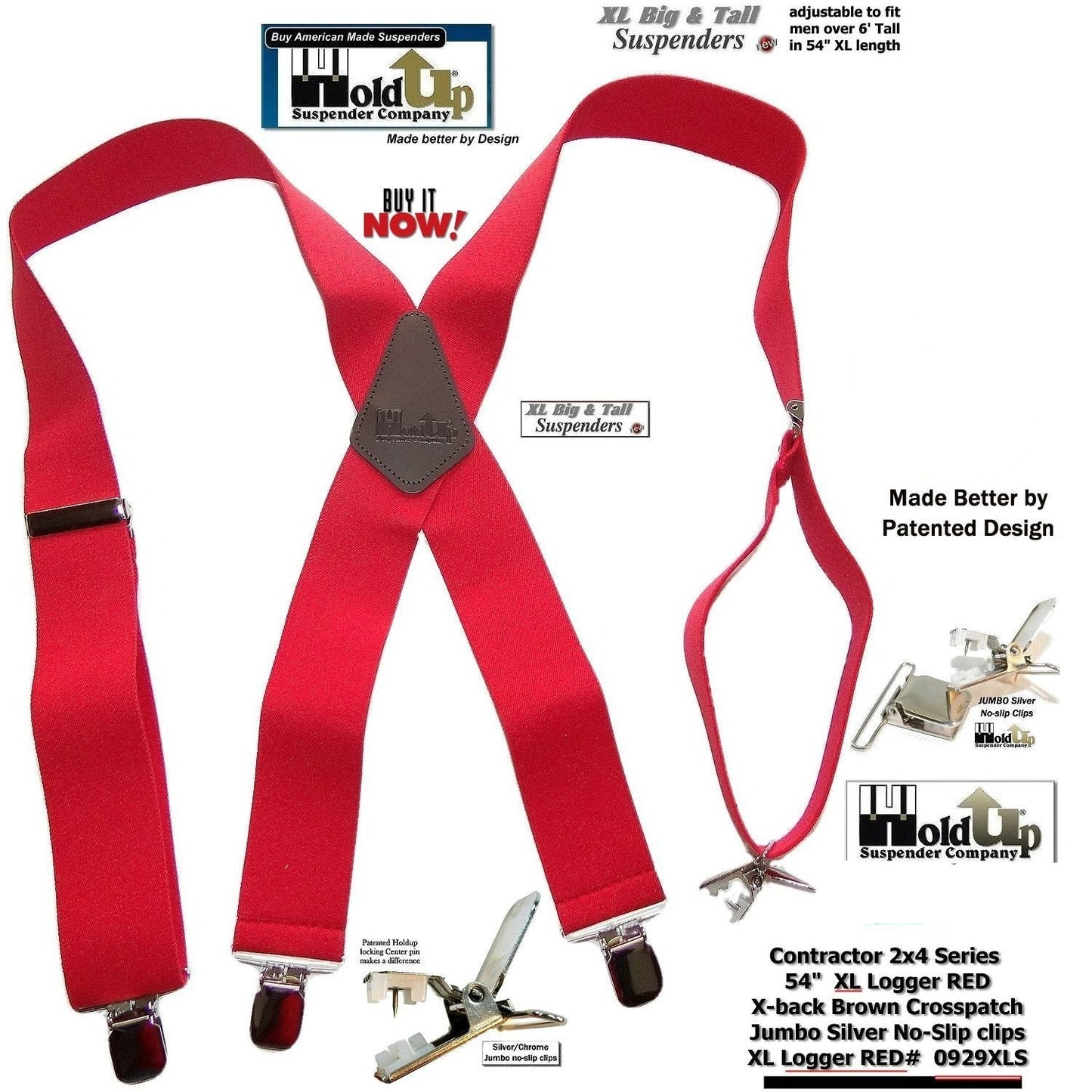 Hold-Ups XL Logger Red Suspenders 2" wide X-back with Patented No-slip Nickel metal clips