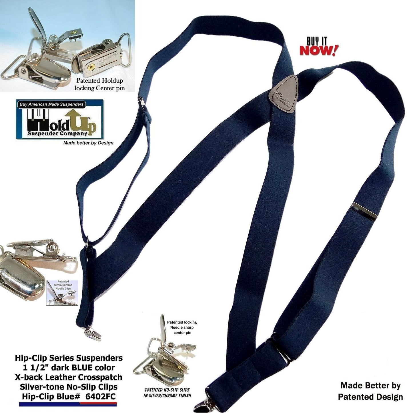 Hold-Ups Navy Blue Trucker Style Hip-clip Suspenders in 1 1/2" Width and USA Patented  No-slip Clips