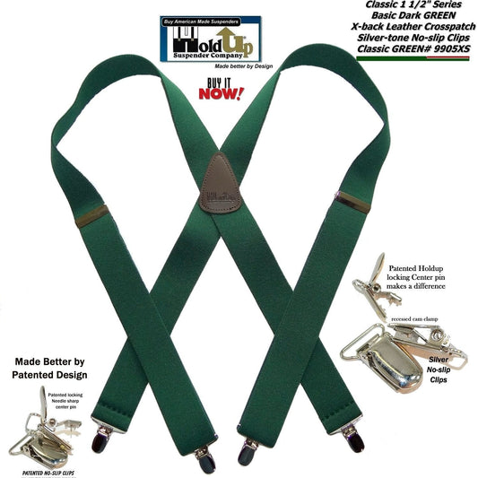 Hold-Ups 1 1/2" Wide Classic Dark Green X-back Suspenders with USA Patented Silver No-slip Clips