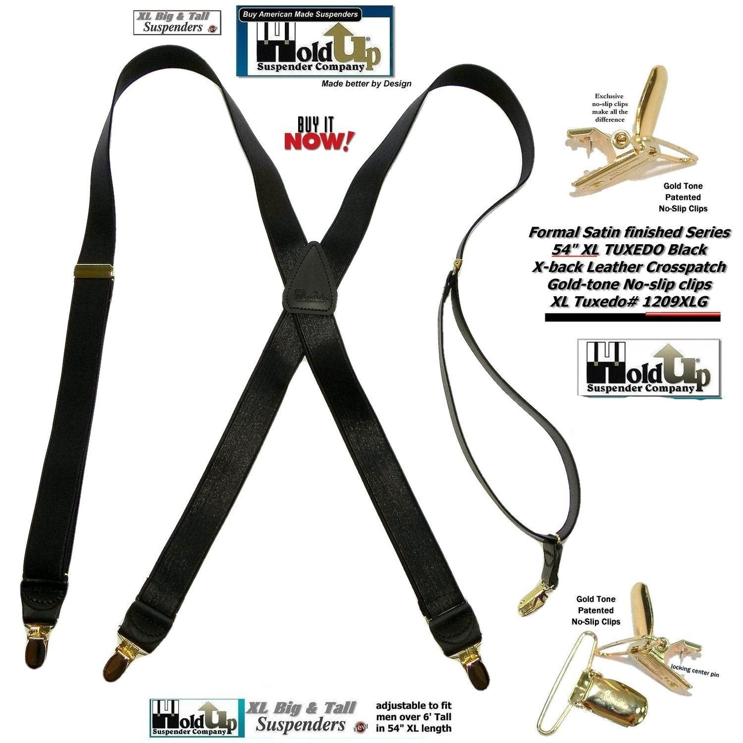 Hold-Ups XL Tuxedo Black Satin Finish 1" Wide, X-back style Suspenders with USA Patented No-slip Gold Clips