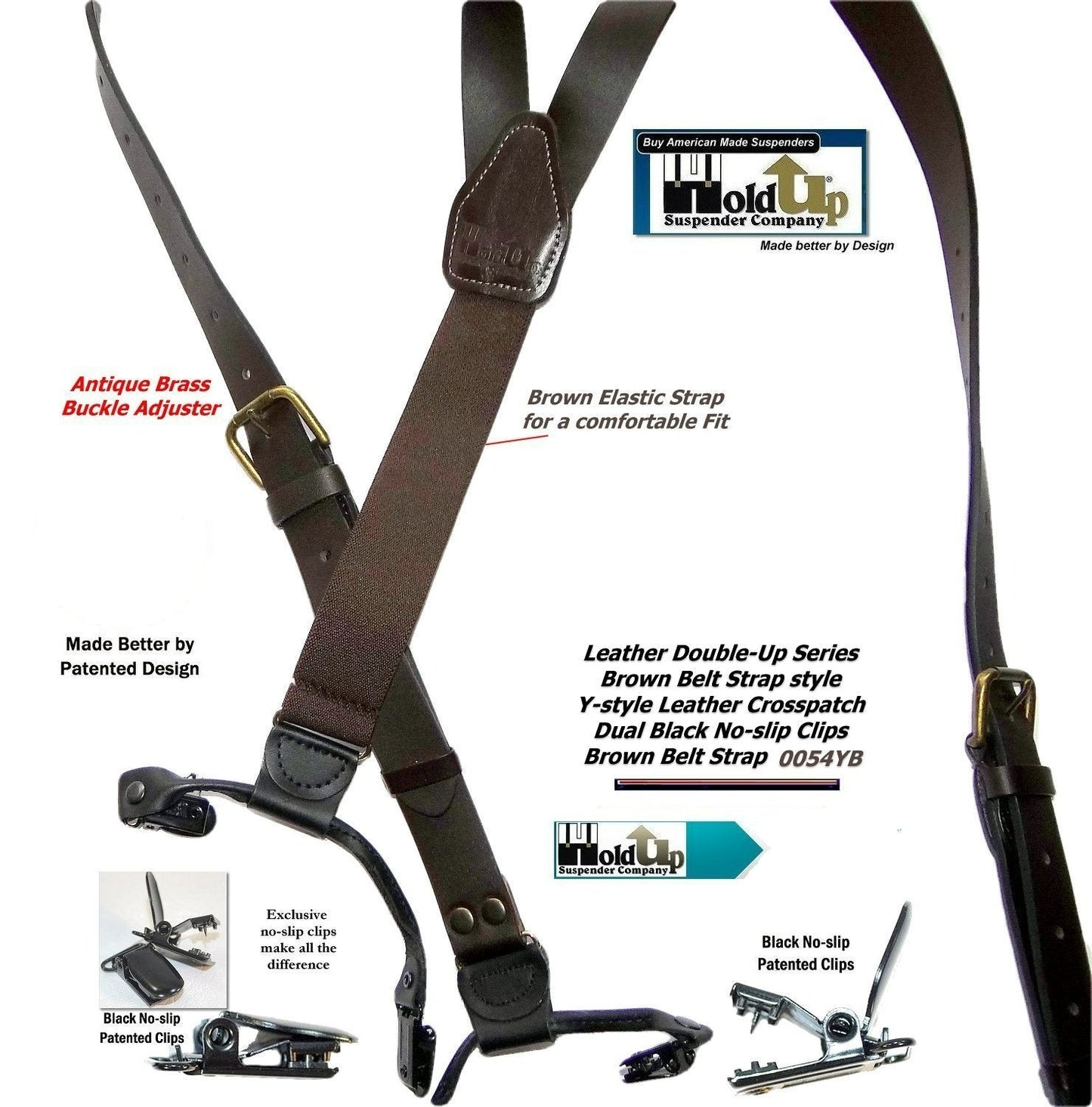 Hold-Ups Brown Bonded Leather 1" Belt Strap Men's Suspenders with USA Patented No-slip Clips