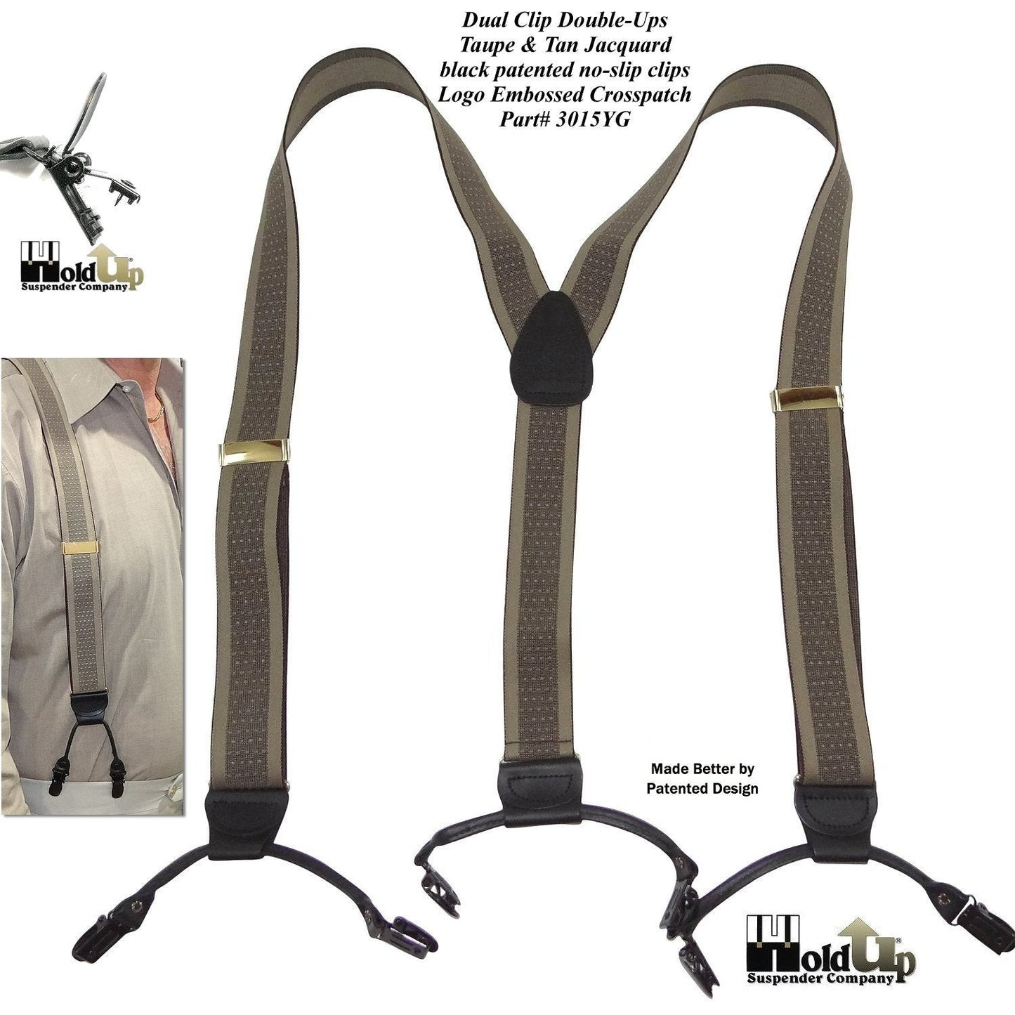 Hold-Up Brand Tan and Taupe Jacquard Double-ups Y-back Suspenders with USA Patented Black No-slip Clips