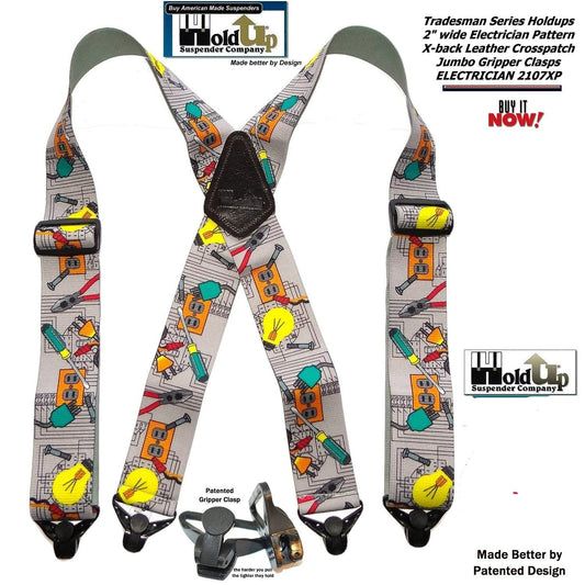 Holdup Brand Electrician Pattern Wide Work Suspenders in Tradesman Series with USA Patented Jumbo Gripper Clasps