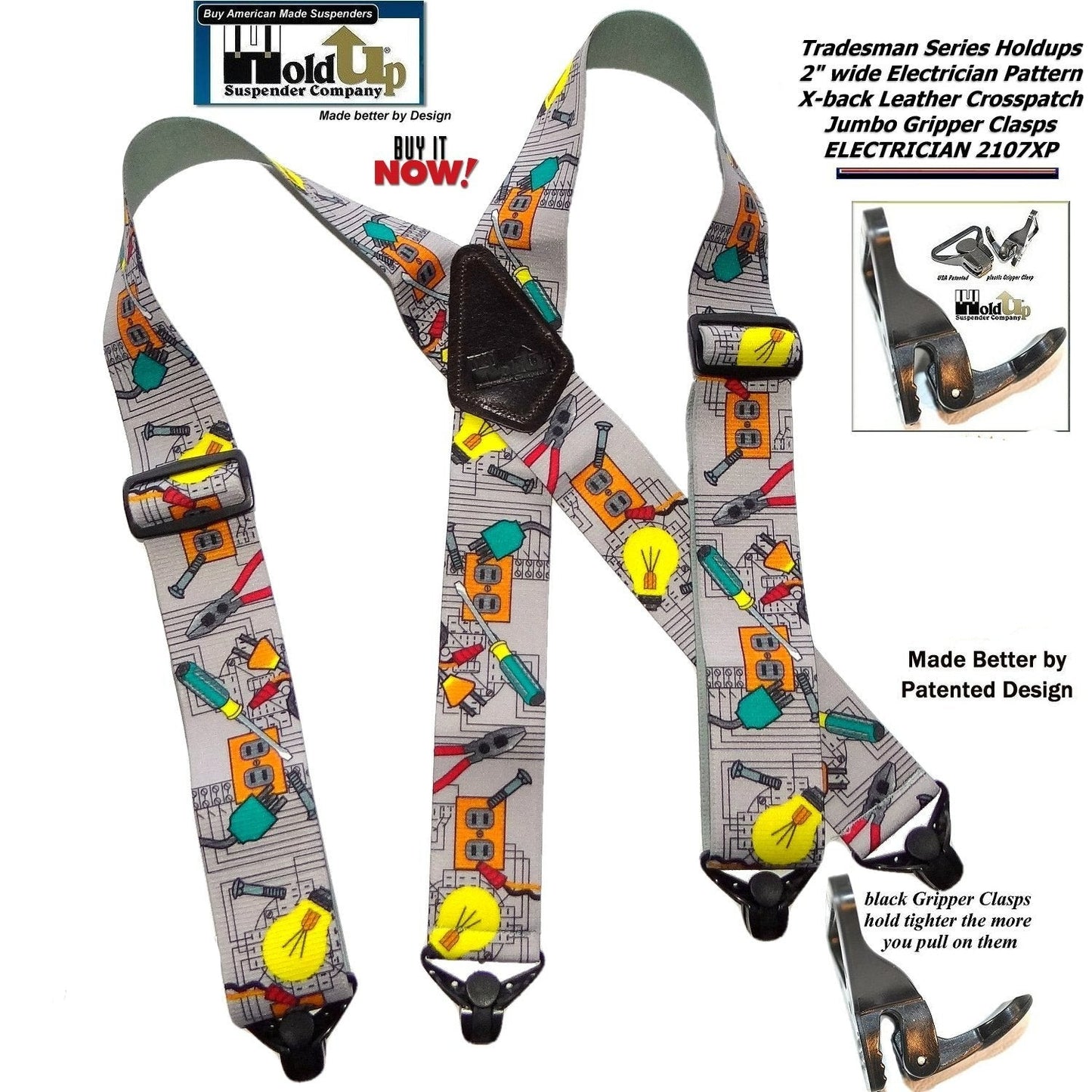 Holdup Brand Electrician Pattern Wide Work Suspenders in Tradesman Series with USA Patented Jumbo Gripper Clasps